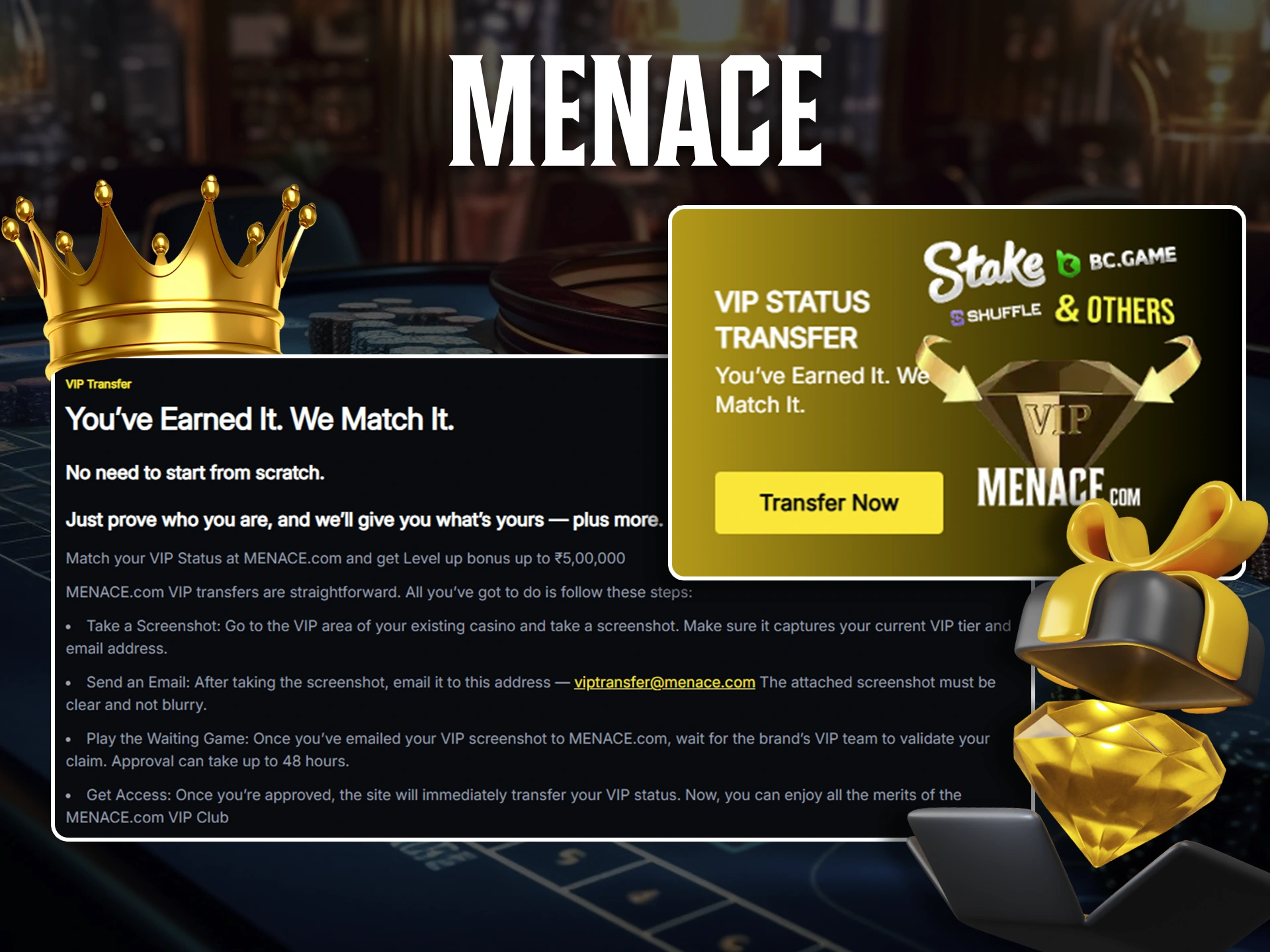 Join the Menace King VIP program with betting bonuses.
