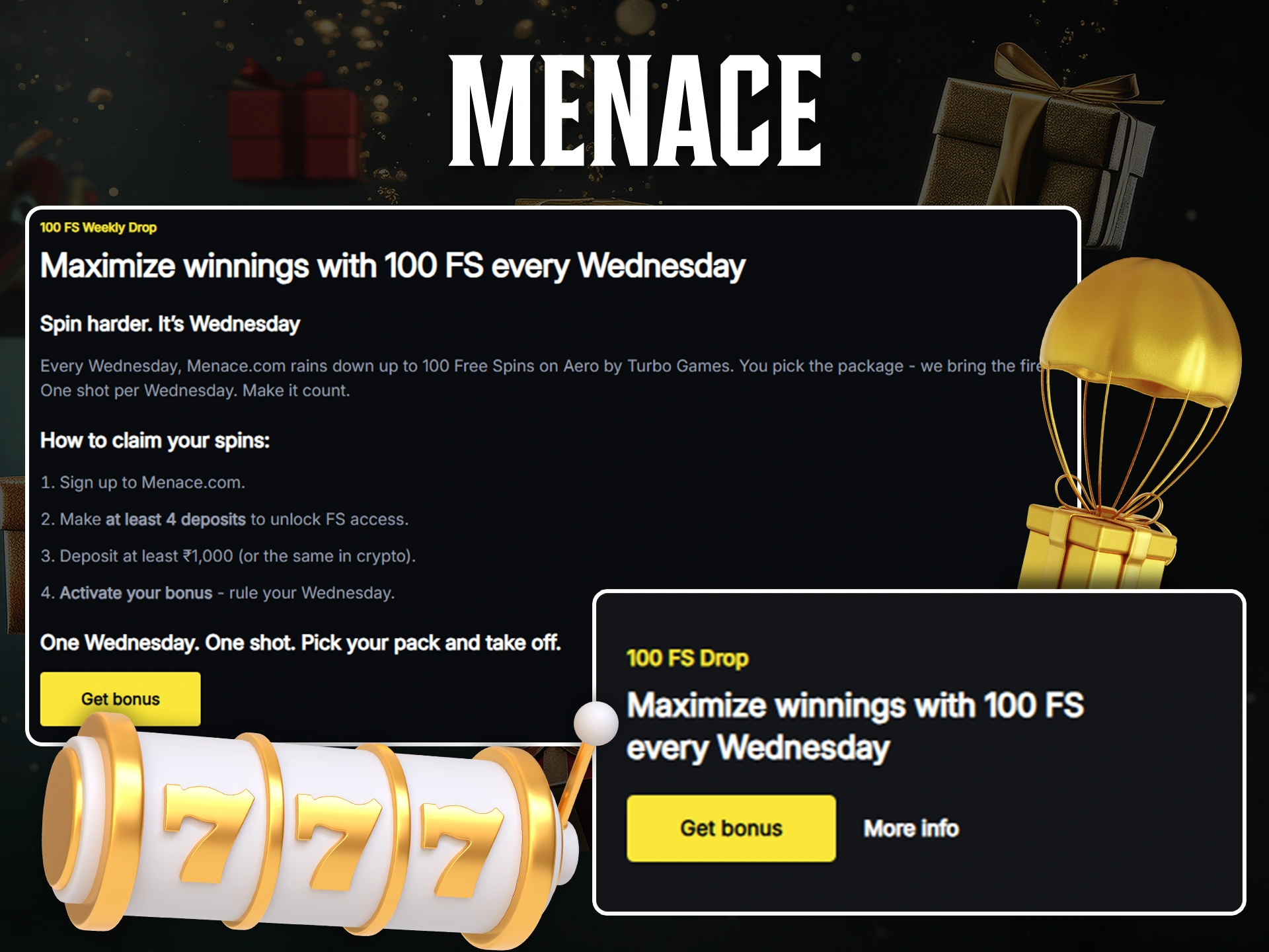 Get free spins on casino games from Menace King.