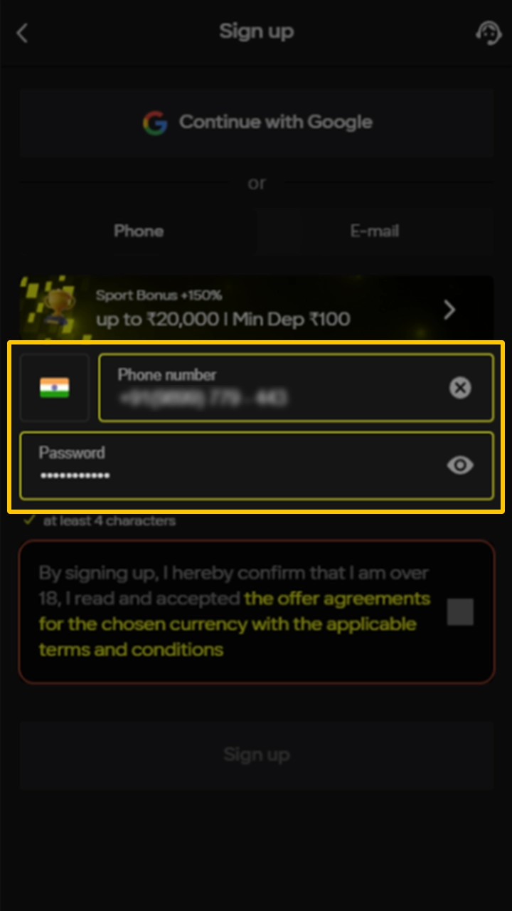 Continue registering at Parimatch by filling in the required data.