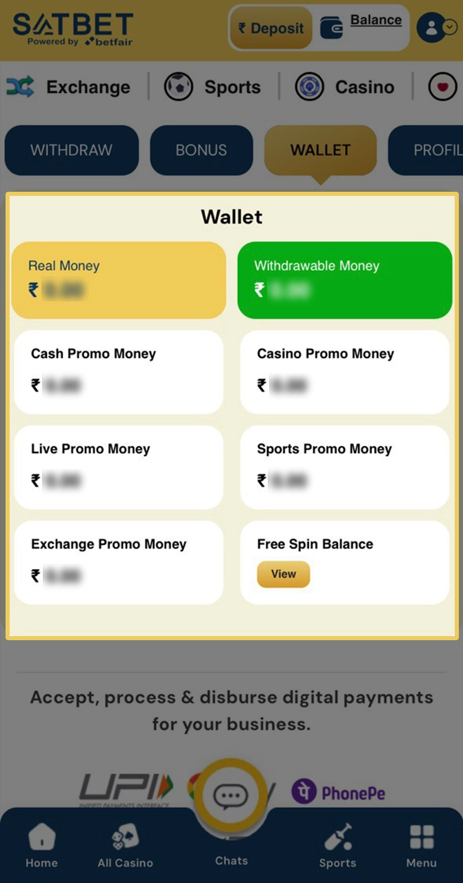 Go to your account wallet to check the receipt of your deposit in Satbet.