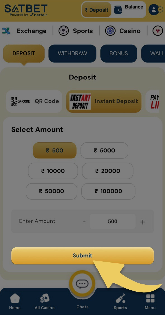 Check and complete the top-up of your Satbet account.