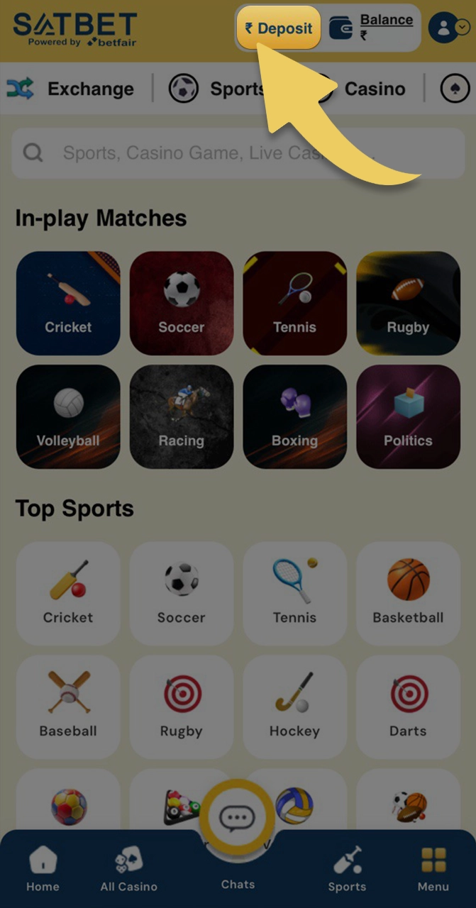 Proceed to deposit by clicking on button at the top of Satbet screen.