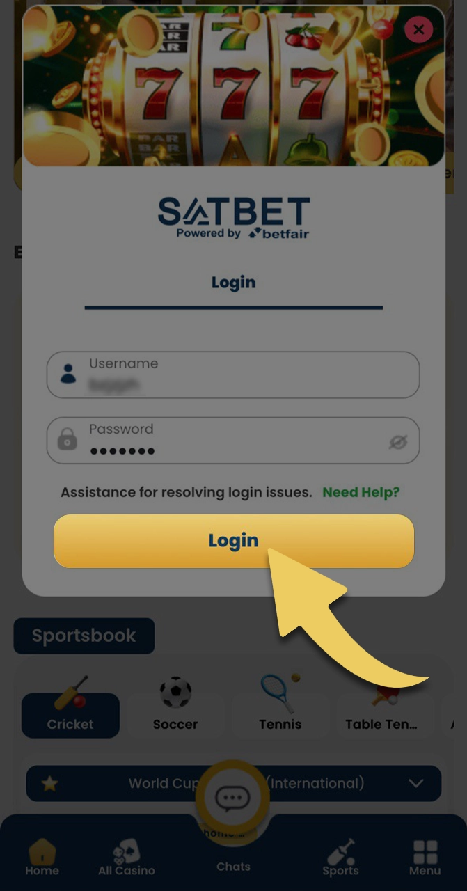 Log in to your Satbet account to start making a deposit.