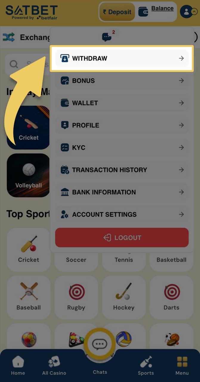 Proceed to withdrawal of funds through the Satbet menu.