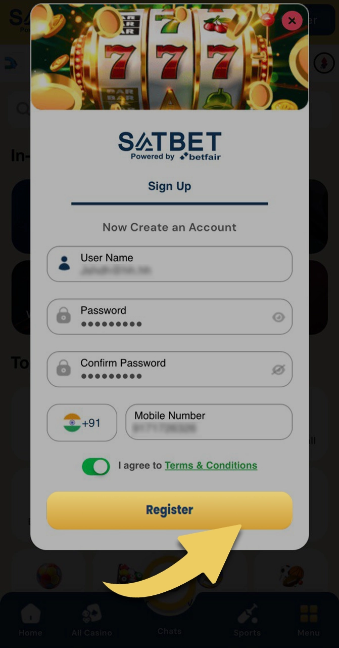 Click on the button to complete registration in the Satbet application.
