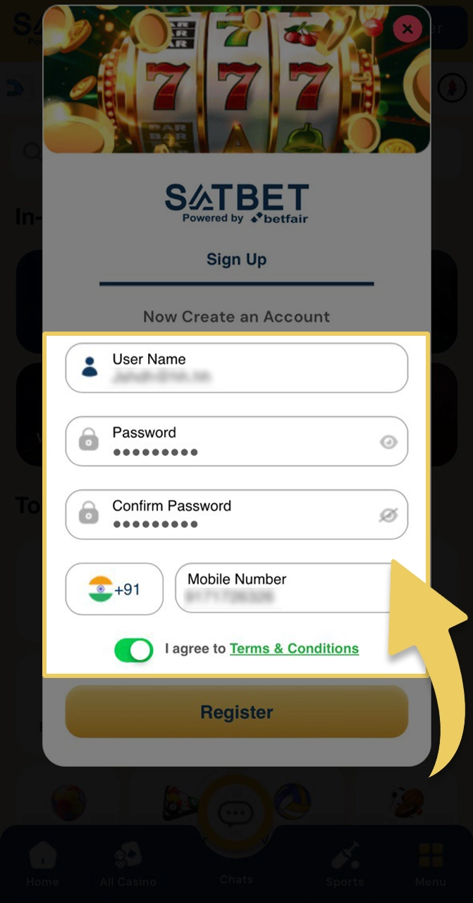 Enter your personal information to register via the Satbet app.