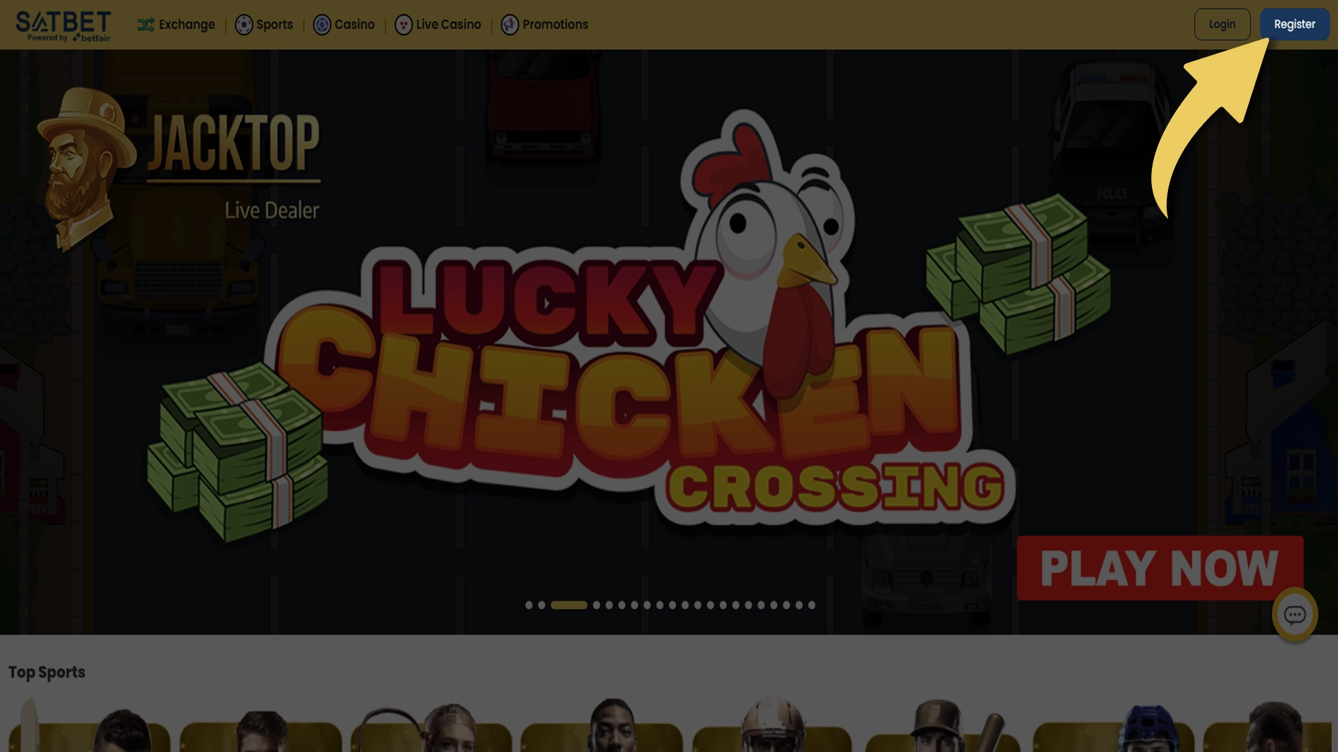 Click on the button in the upper right corner to register with Satbet.