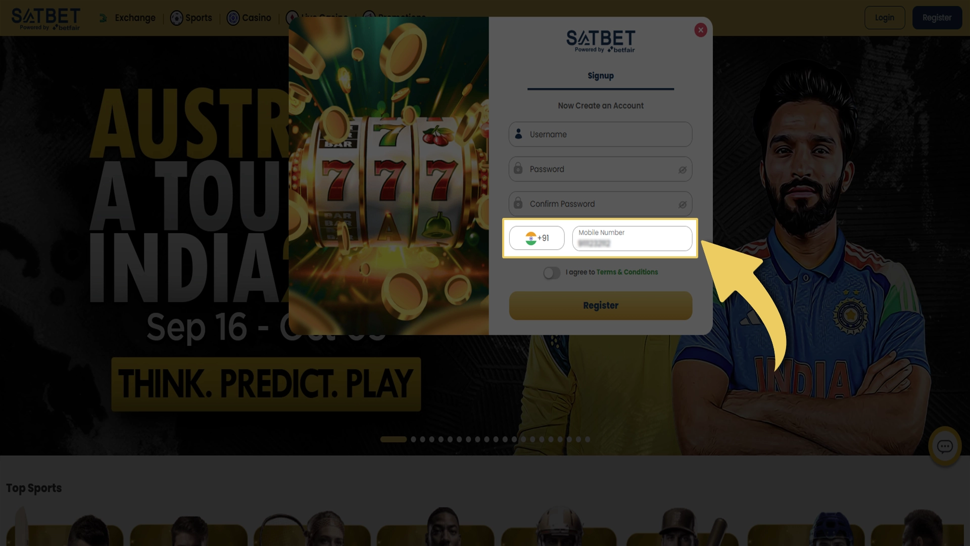 Fill in the required information in the Satbet registration form.