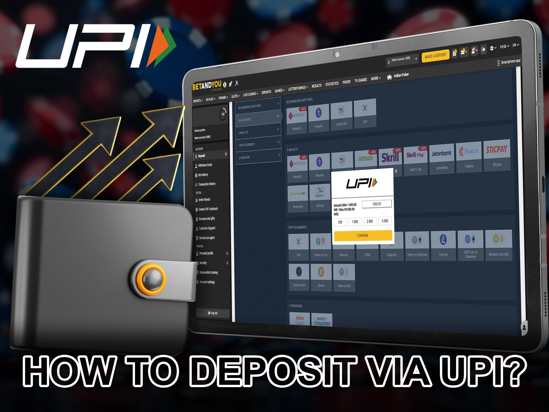 Top up your personal account with bookmakers using UPI.