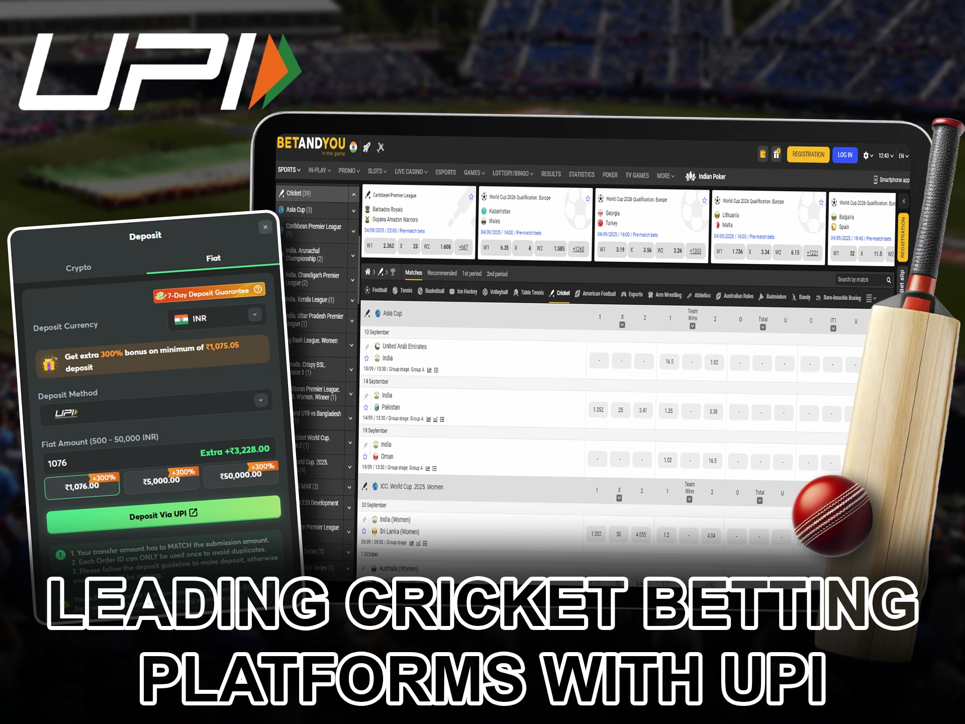 Place winning bets on cricket with UPI payment method.