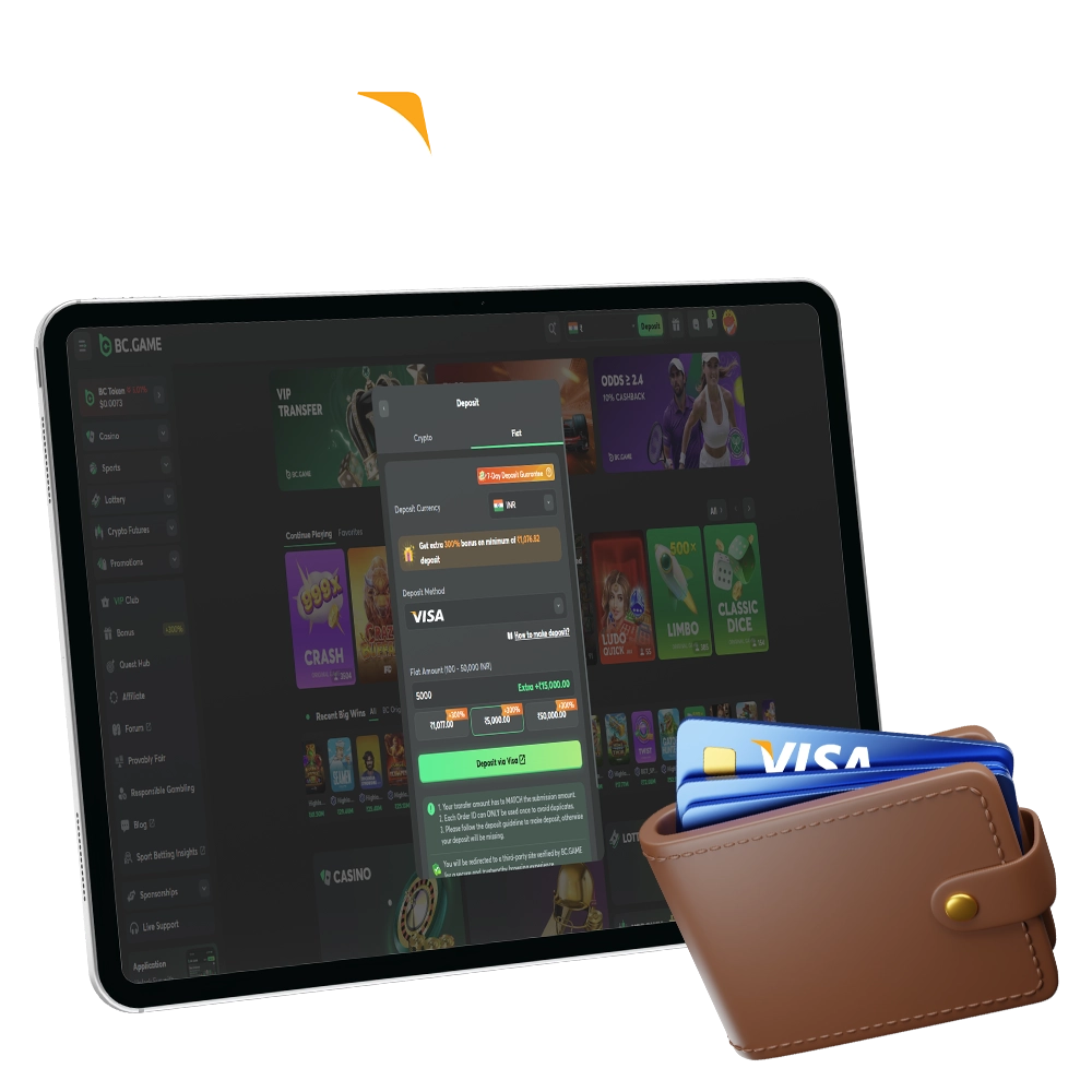 Use Visa to deposit and withdraw funds from the bookmaker.