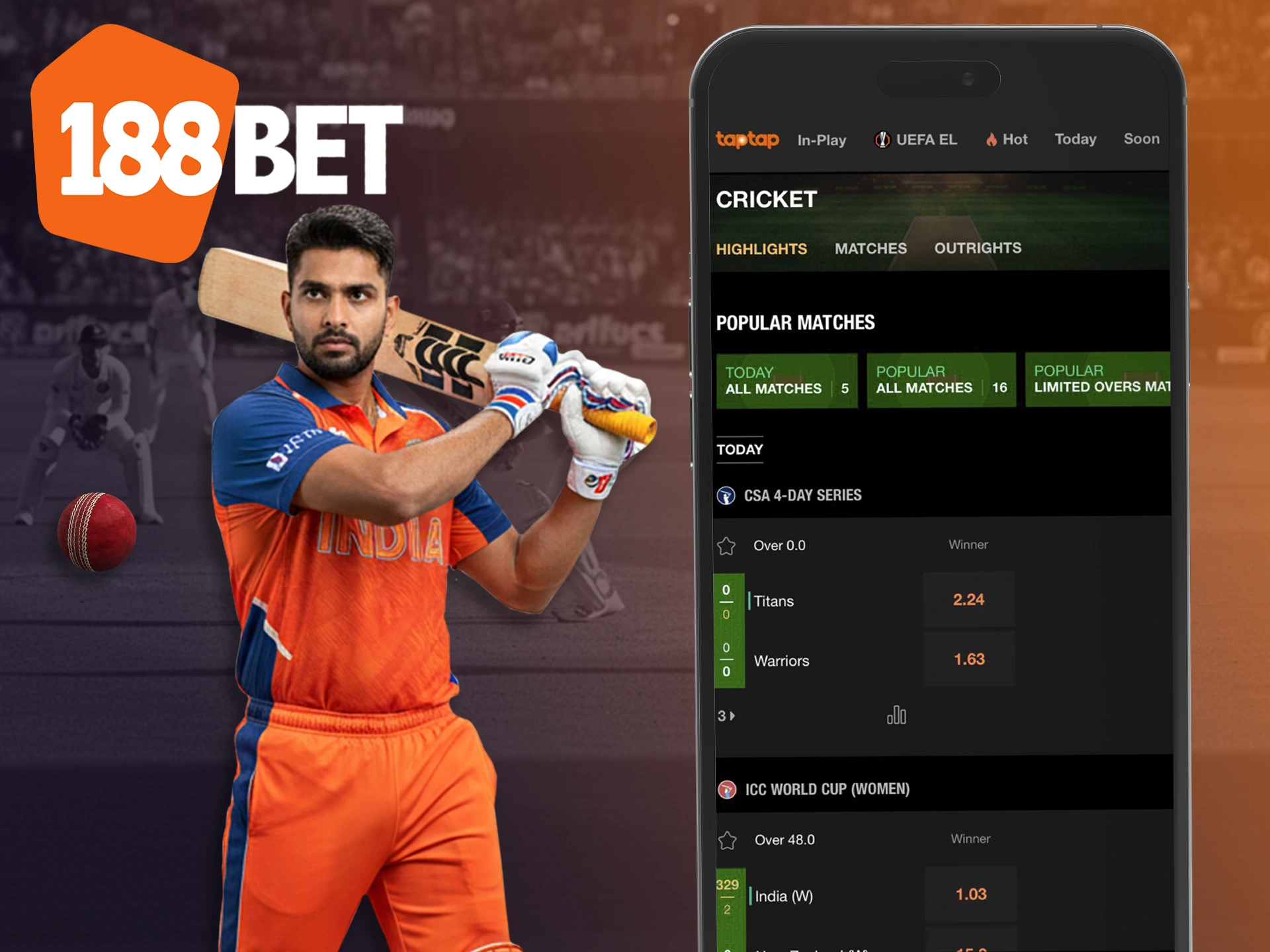 Place bets on your favorite cricket teams with the 188bet app.