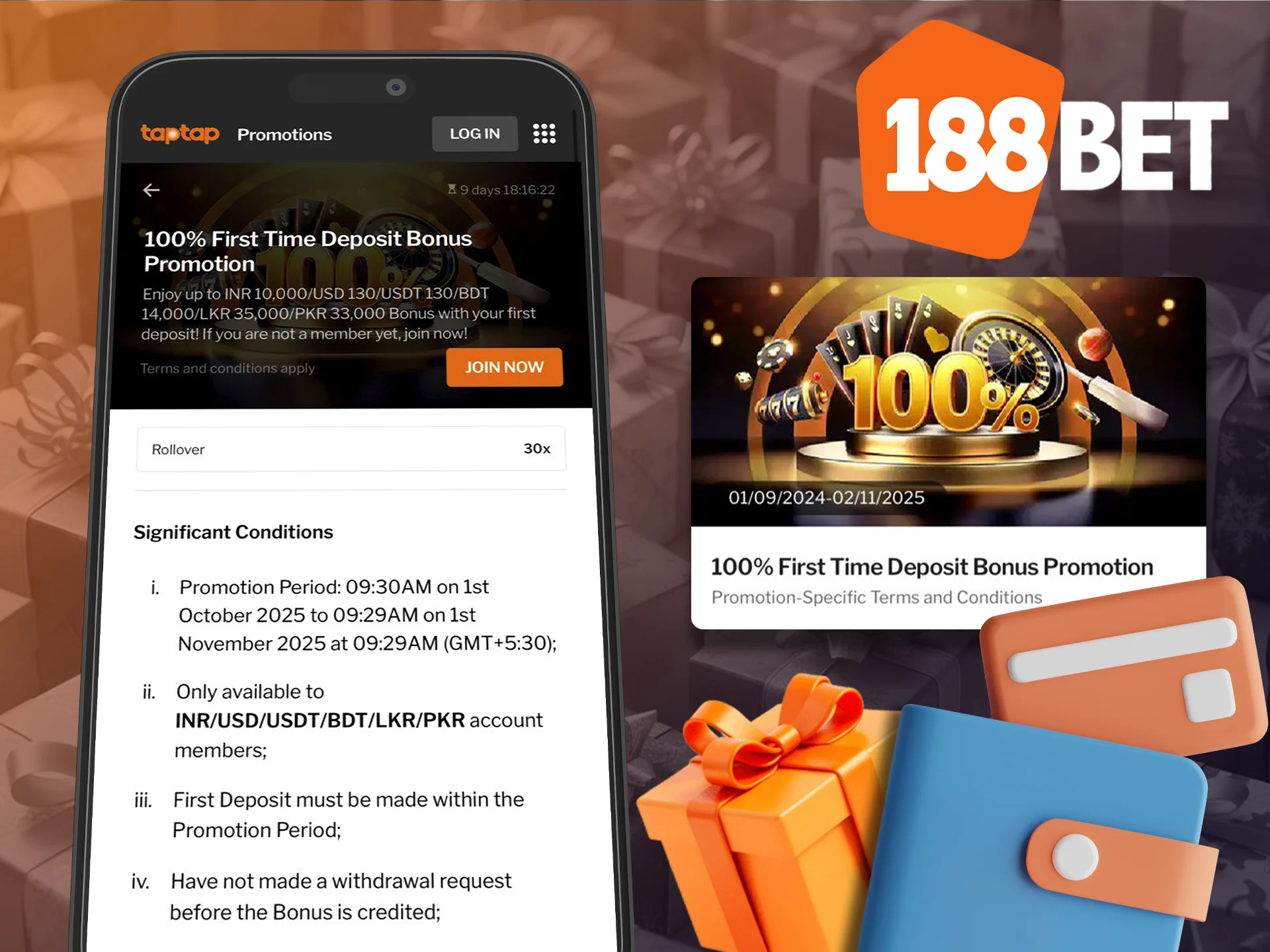 Top up your account and receive bonuses from 188bet in the app.