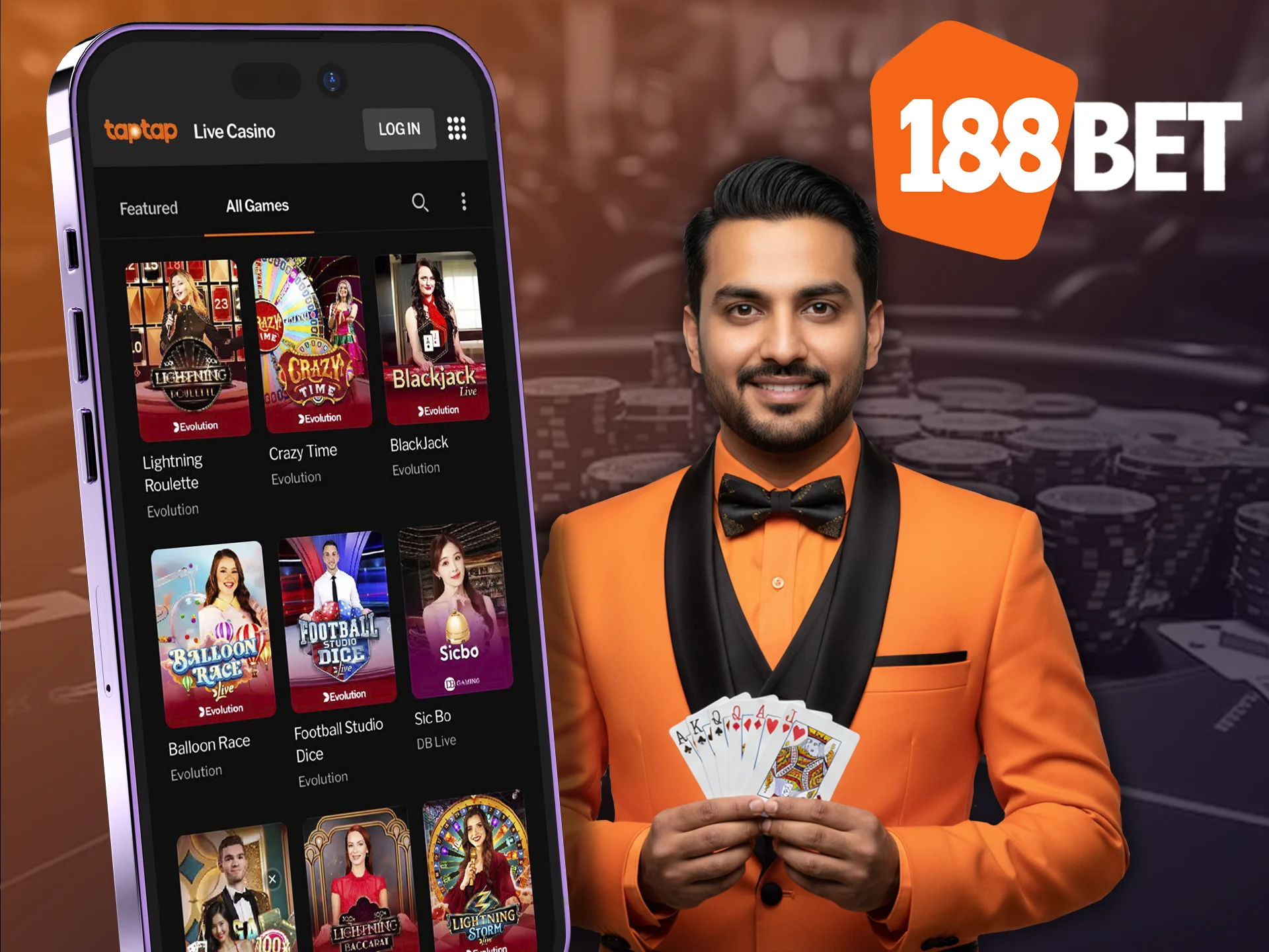 Place your bets in a live casino with a real dealer using the 188bet app.