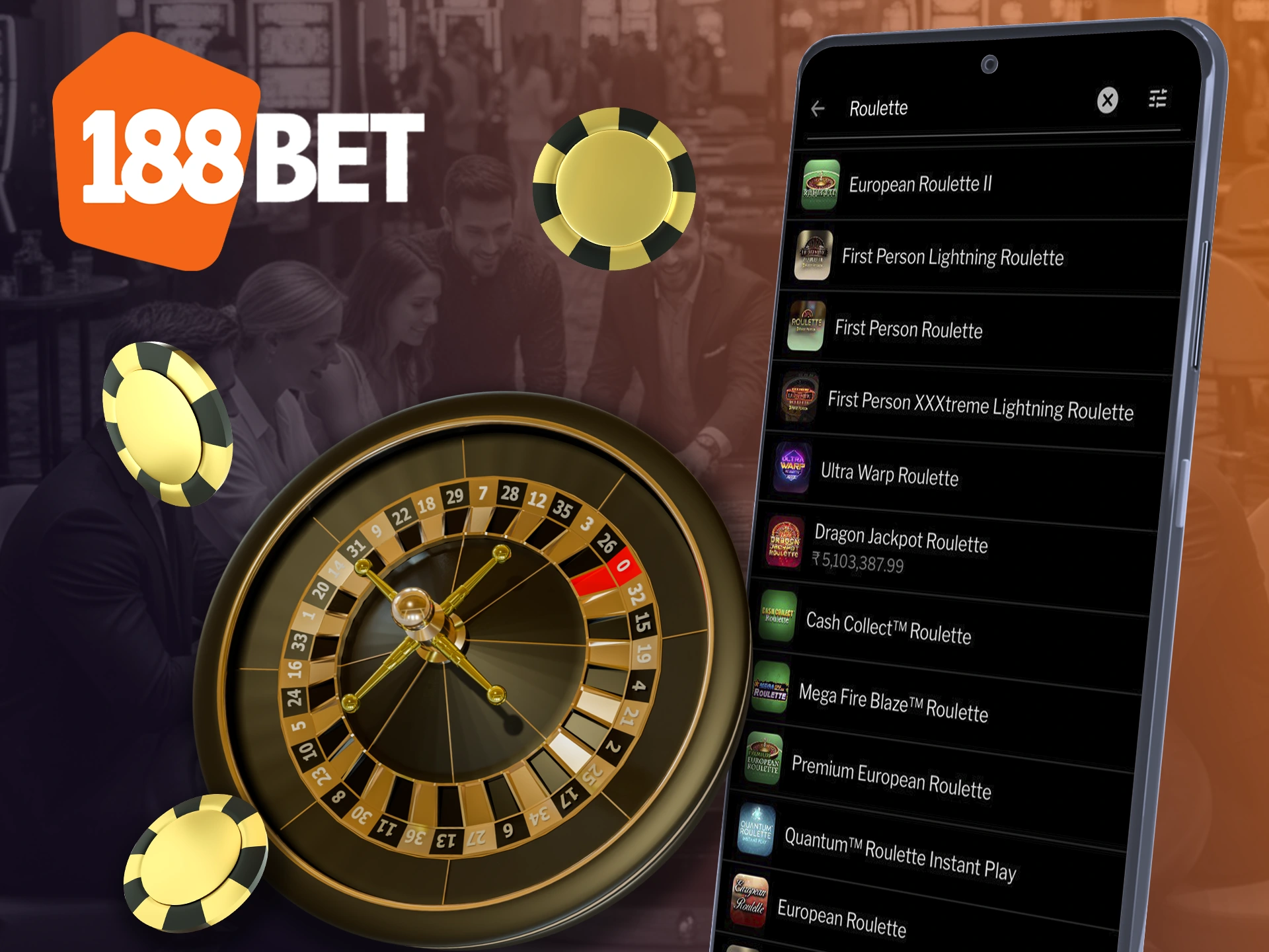 Try your luck at roulette betting in casino section of the 188bet app.