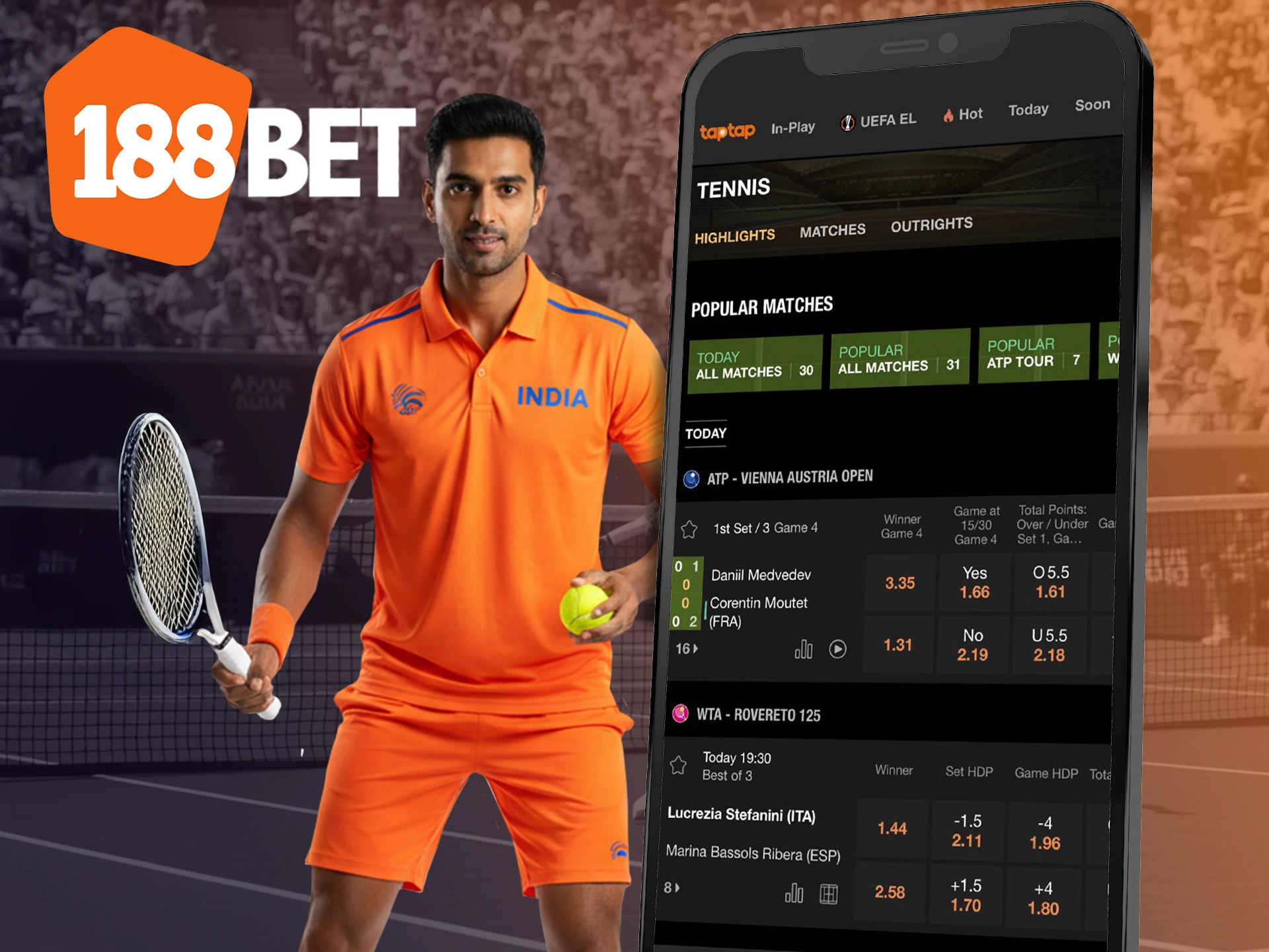 Find favorite tennis bets with the 188bet app to win.