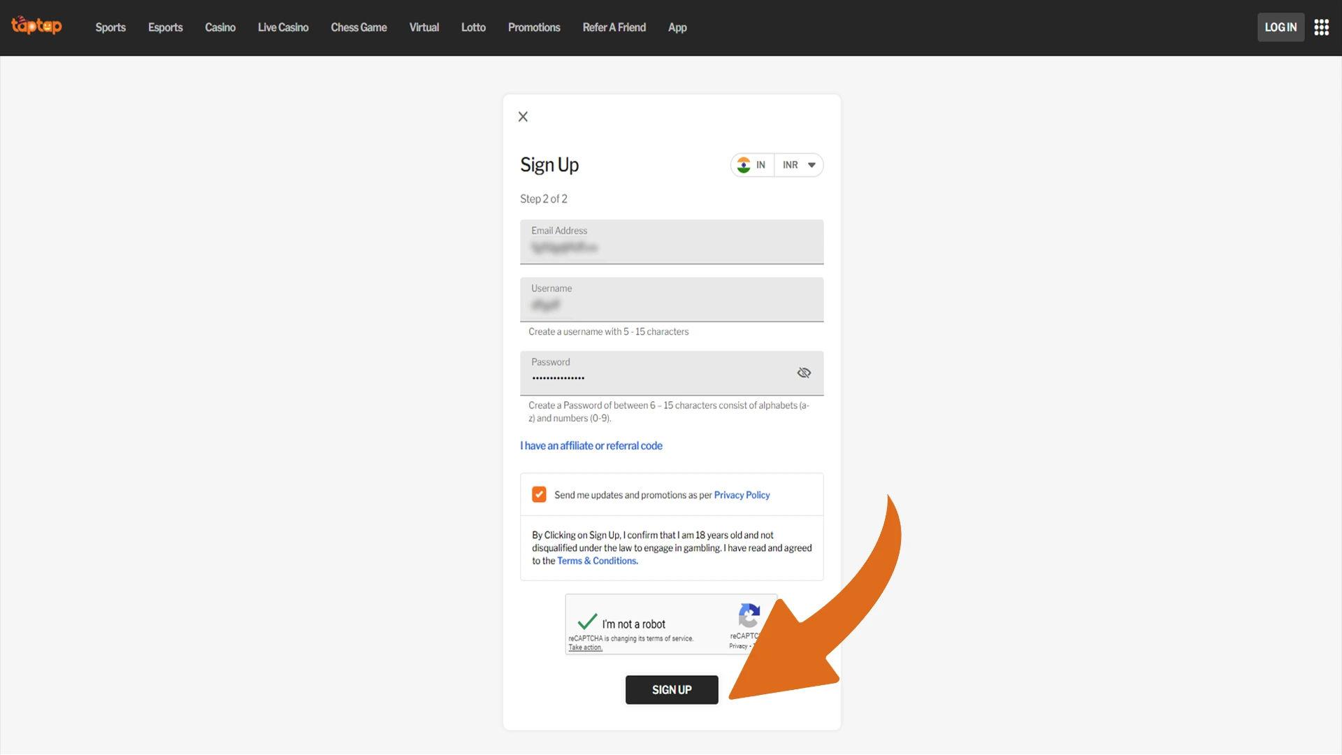 Fill in the required information to register at 188bet.