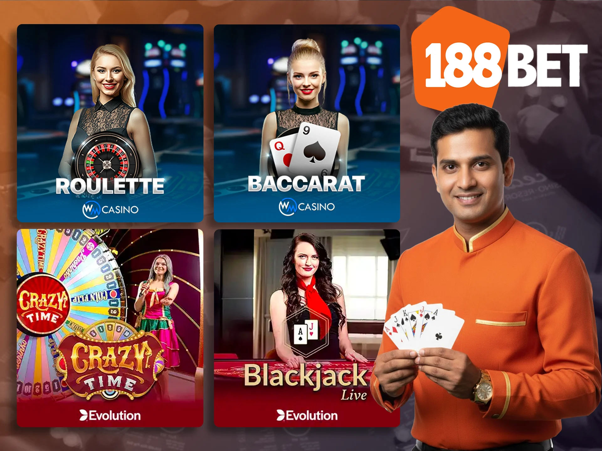Play with live dealers by visiting the 188bet live casino section.