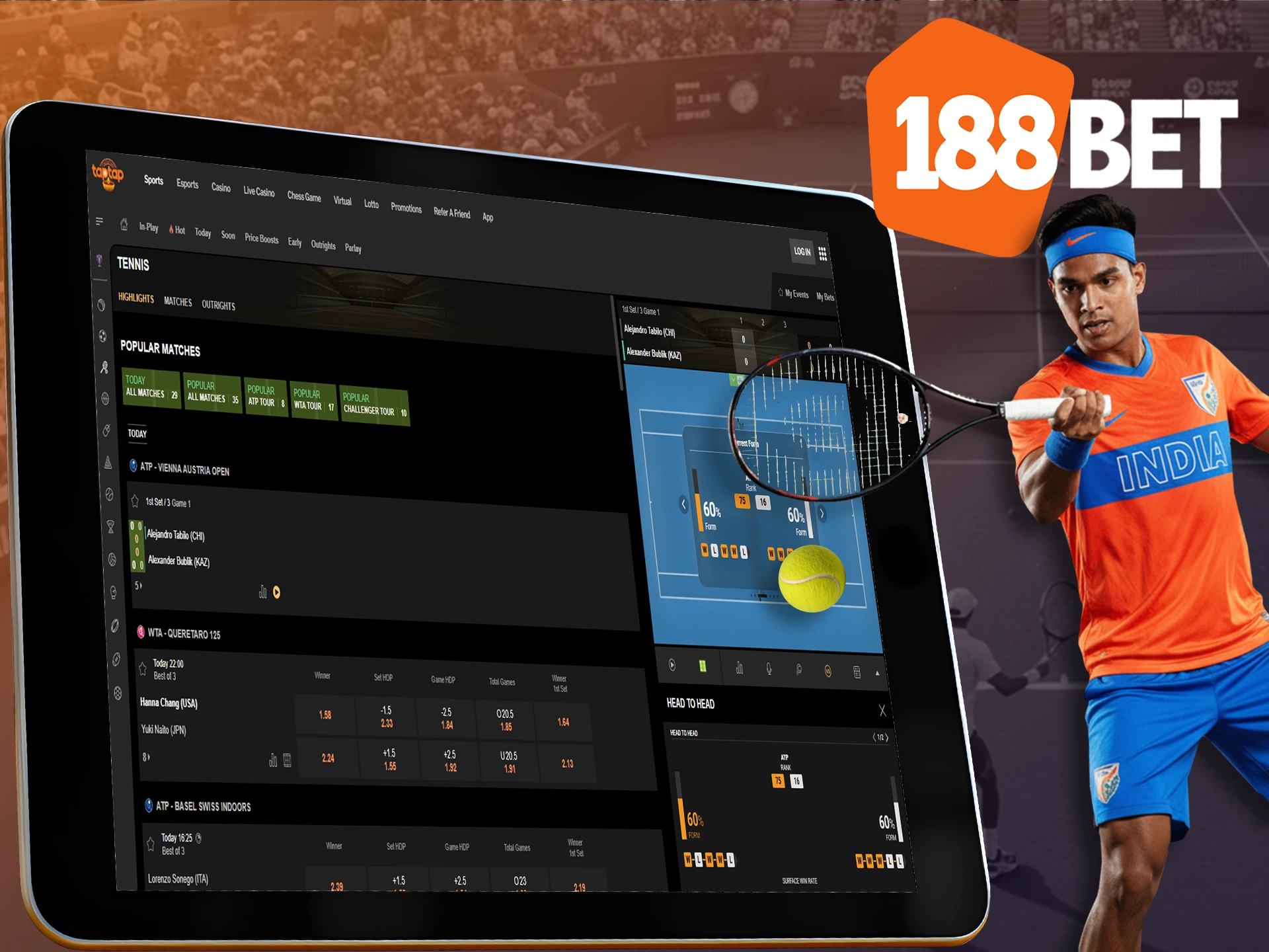Choose the winner to win tennis bets at 188bet.