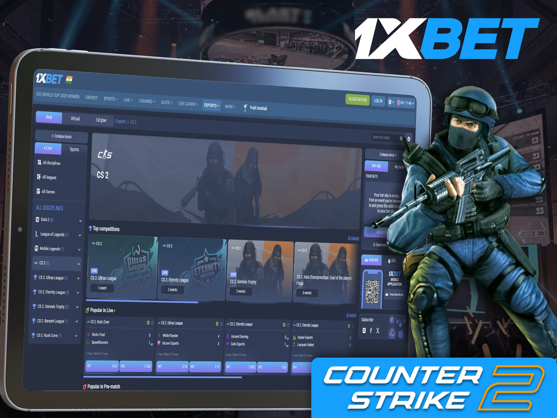 Counter-Strike 2 is one of the most popular choices for e-sports betting at 1xBet.