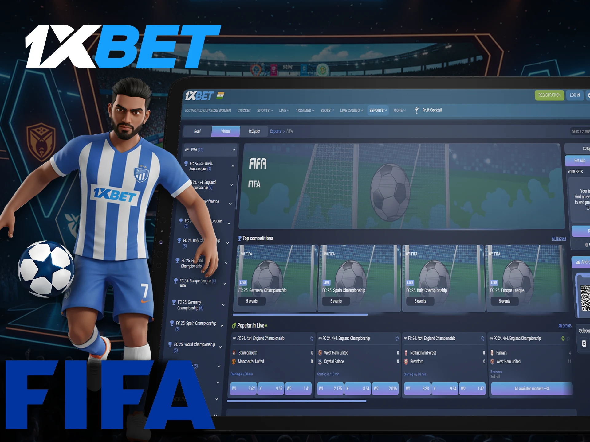 FIFA bets are available on 1xBet betting platform.