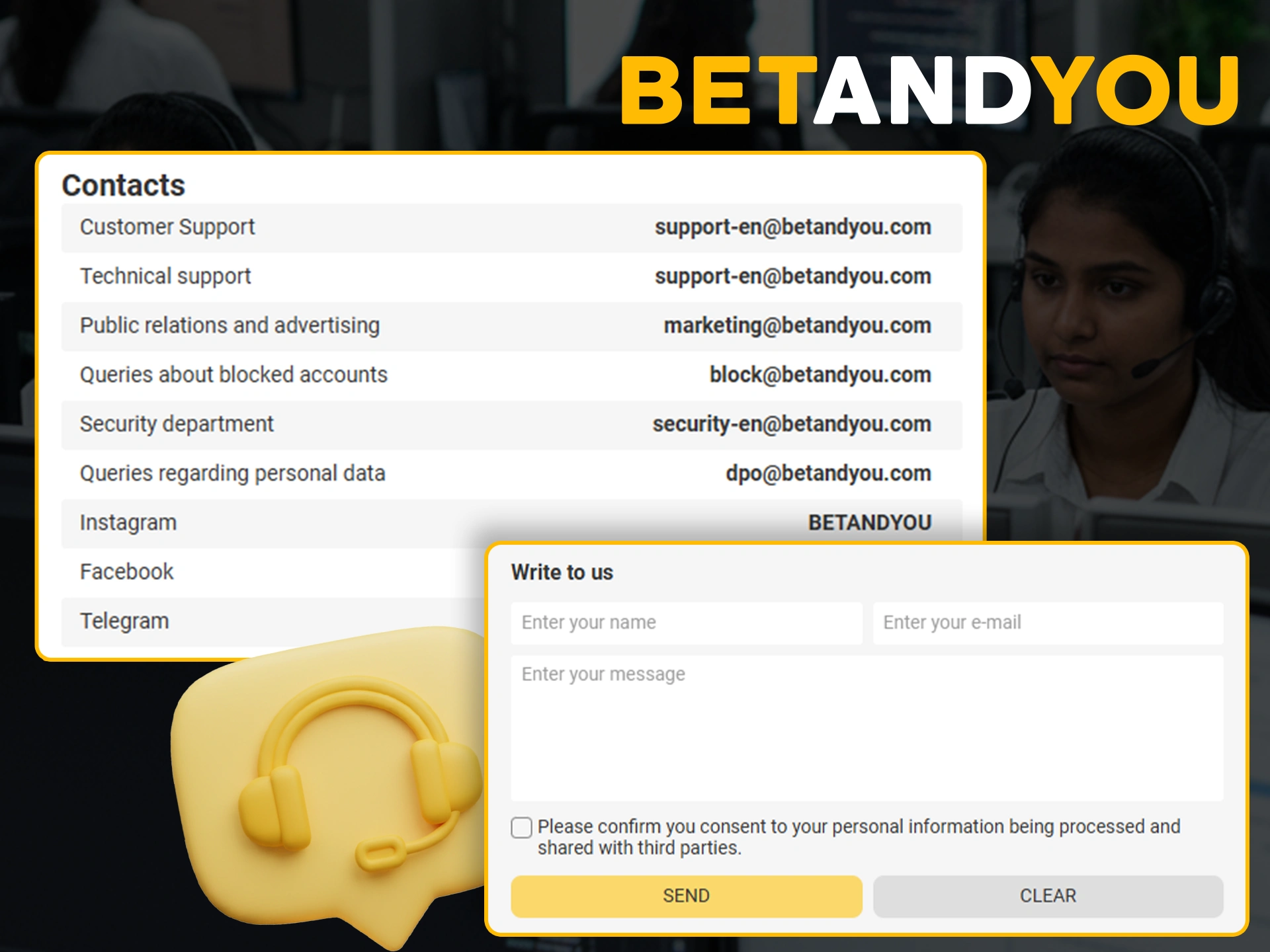 Use the contacts and support to resolve issues with Betandyou.