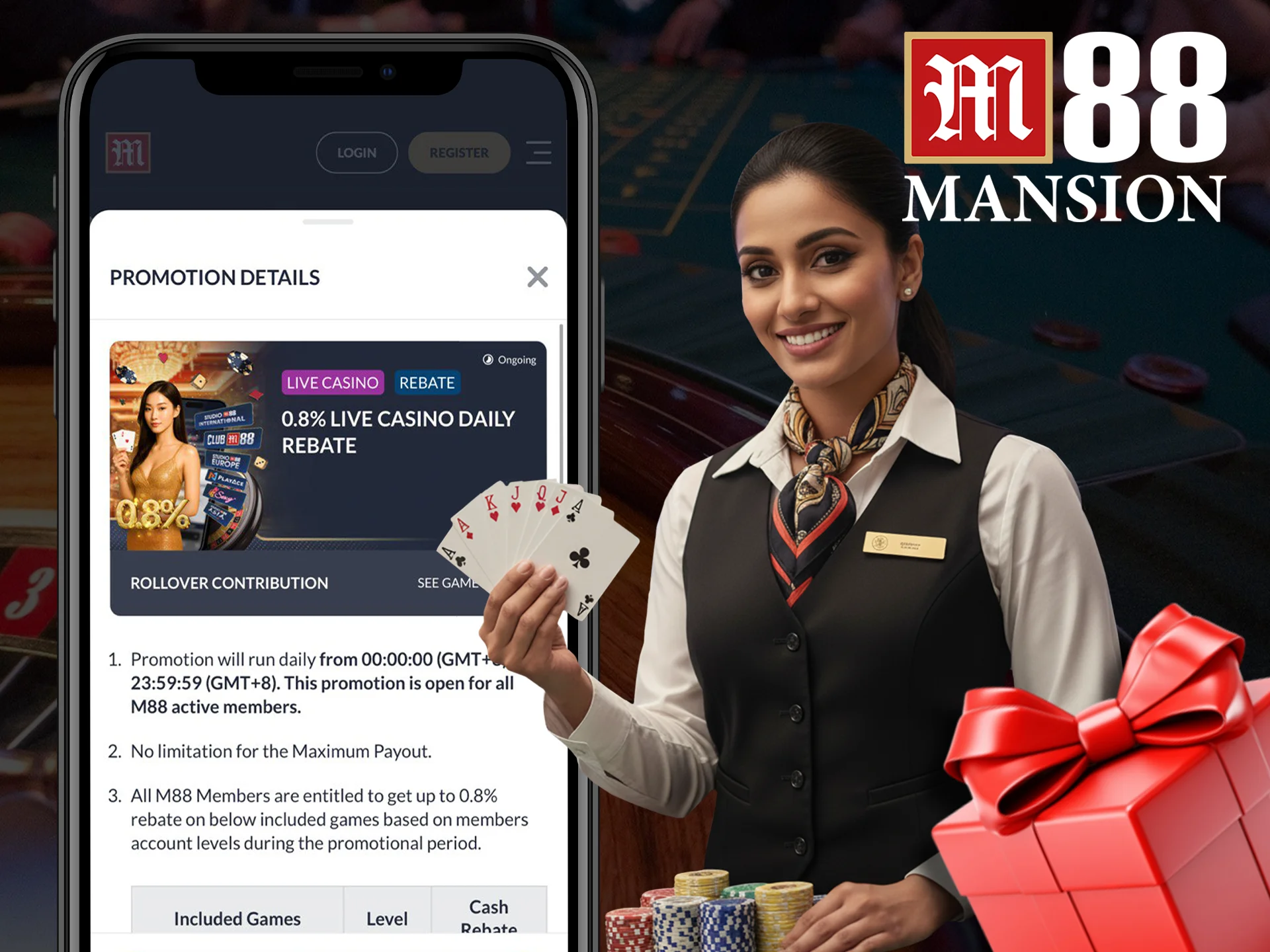 Play with live dealers in the M88 app using the bonus.