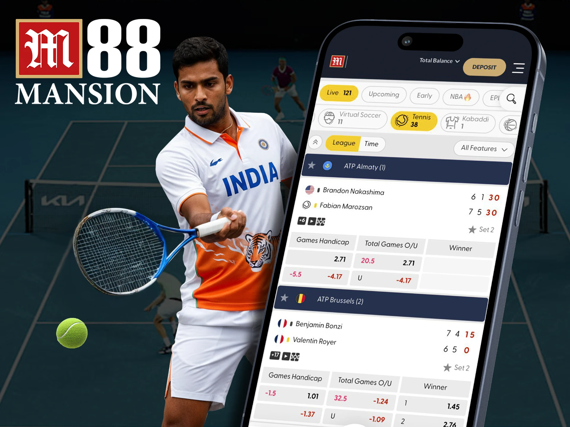 Choose your favorite in tennis betting with the M88 app.