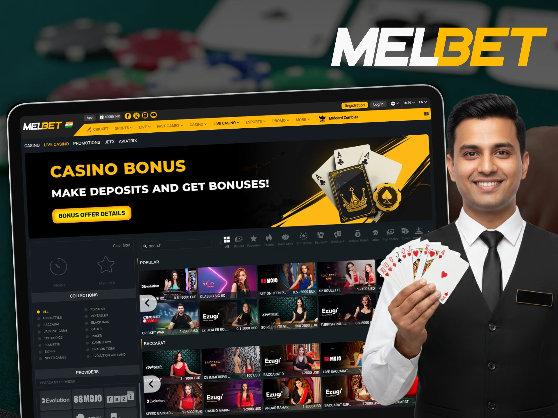 Bet with live dealers at Melbet live casino.