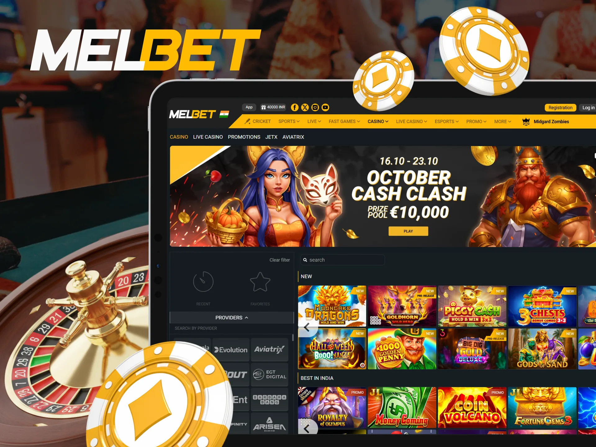 Place your bets on your favorite games in the Melbet casino section.