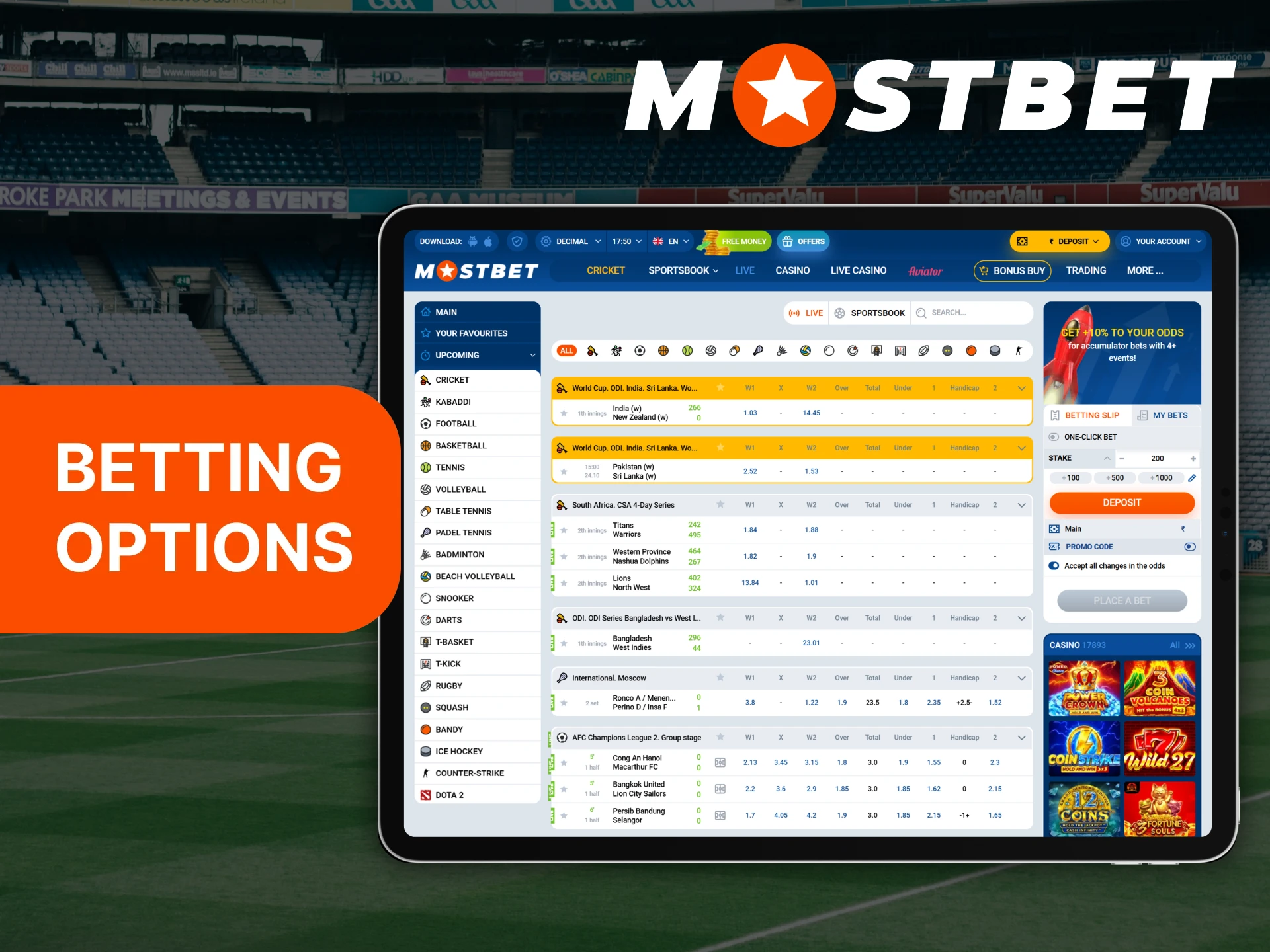 Users can enjoy a wide range of popular betting options at Mostbet.