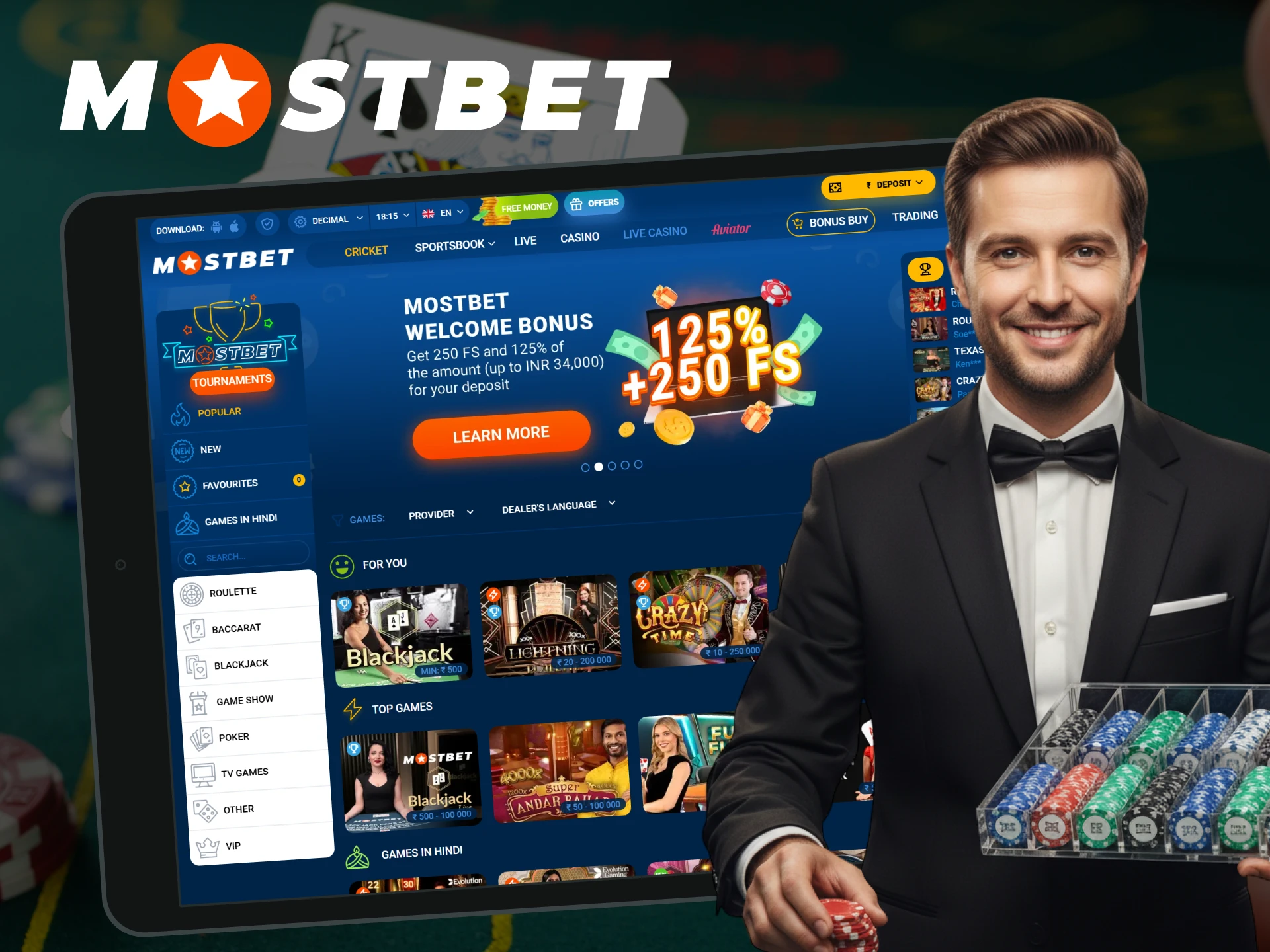 Indian players can experience the exciting live casino at Mostbet.