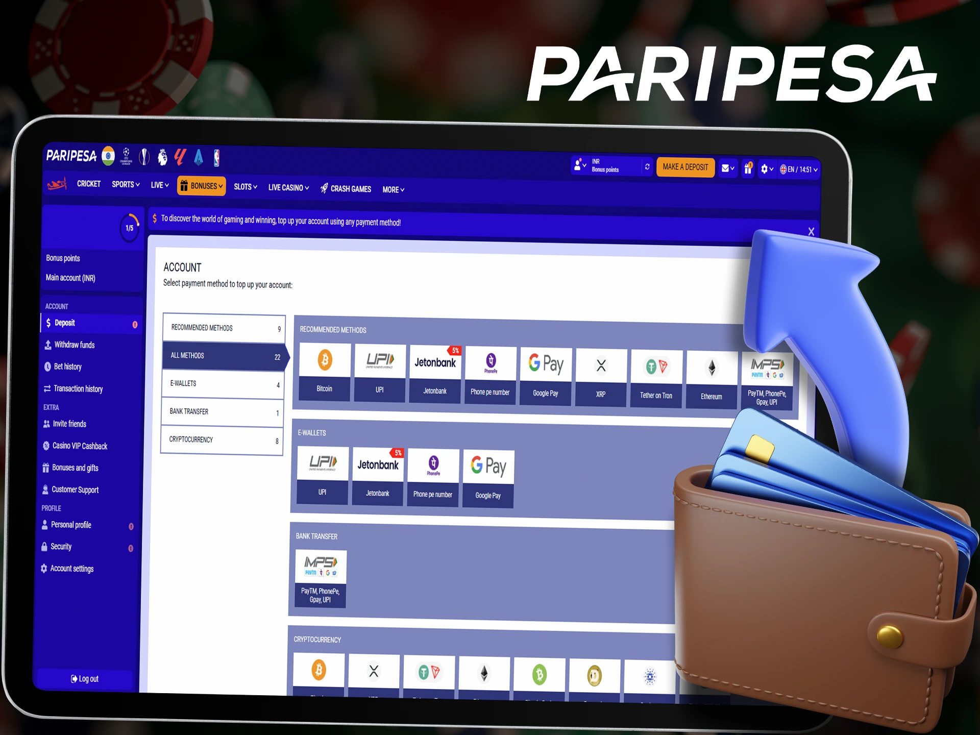 Top up your account using a convenient method to start betting at Paripesa.