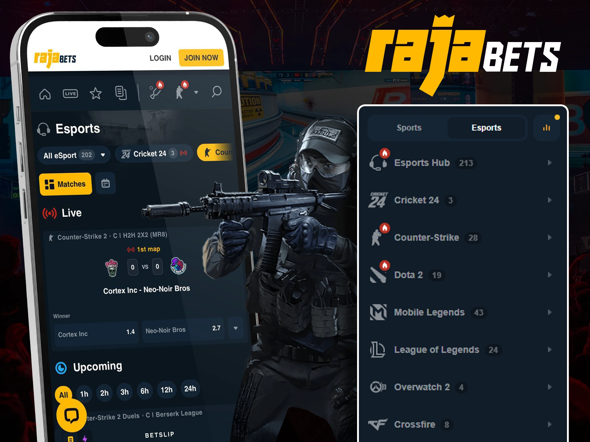 Place your bet on an important Esports tournament in the Rajabets app.