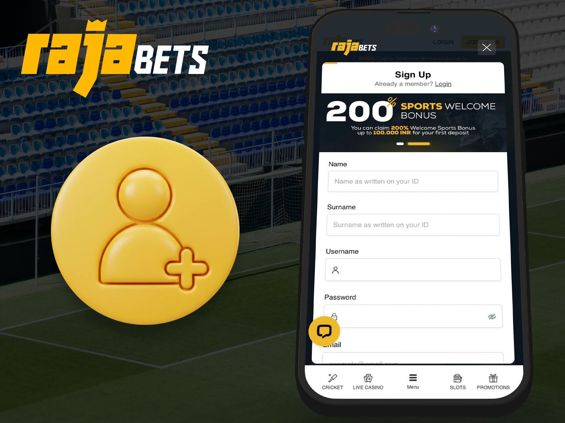 Create a personal account using the Rajabets app.