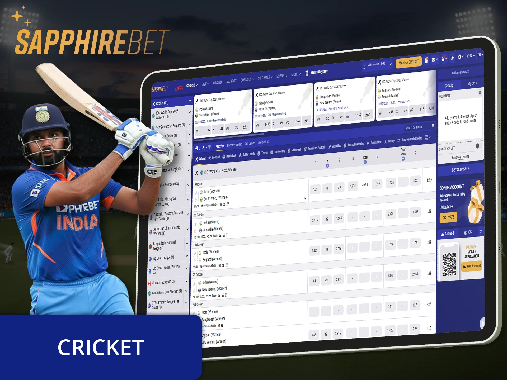 Place your bets on your favorite cricket teams at Sapphirebet.