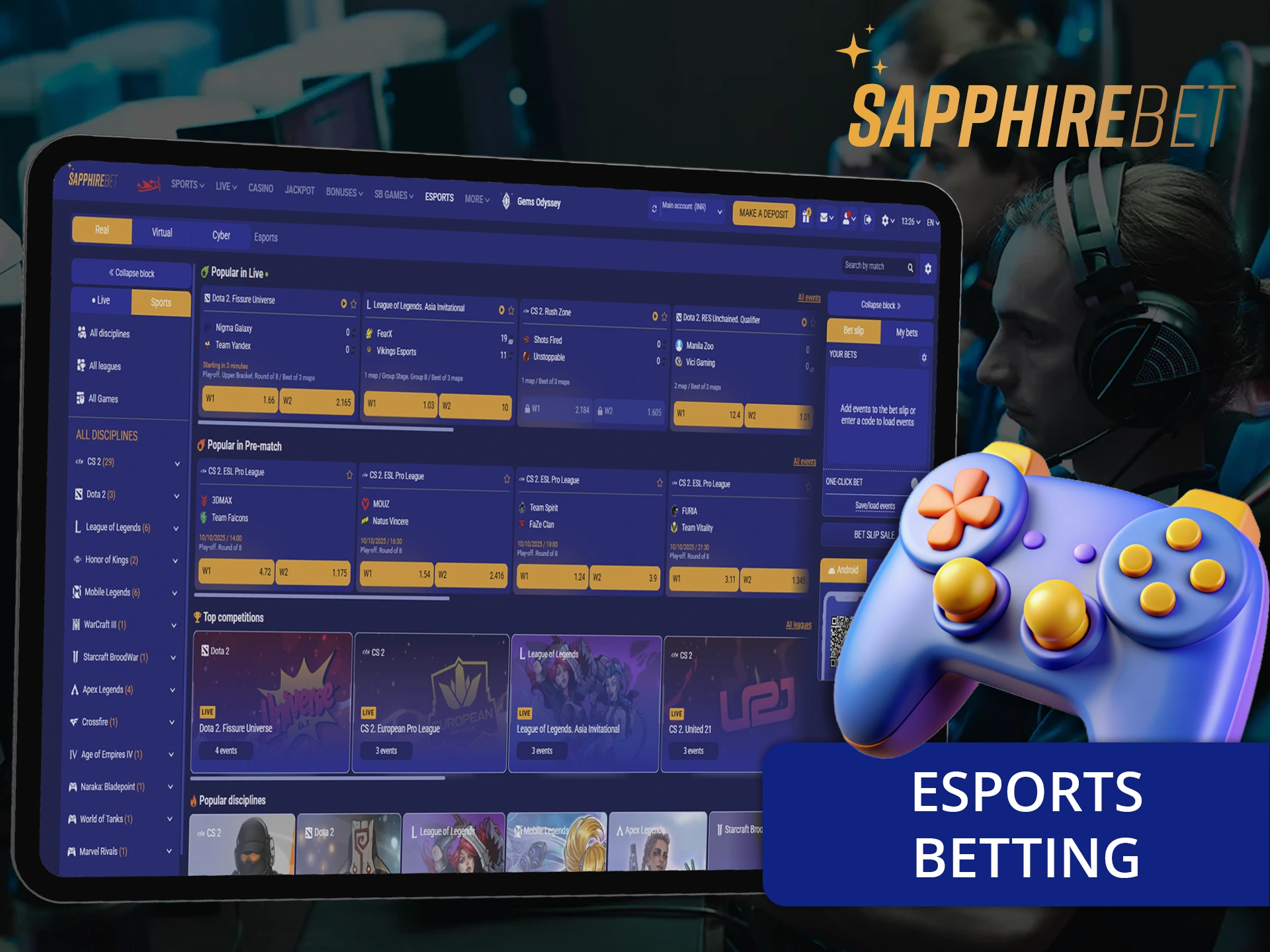 Choose your game and and team in Esport betting at Sapphirebet.