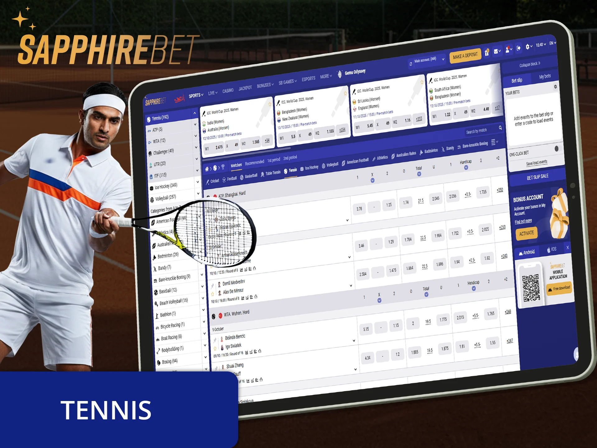 Bet on a tennis player's win or score at Sapphirebet.