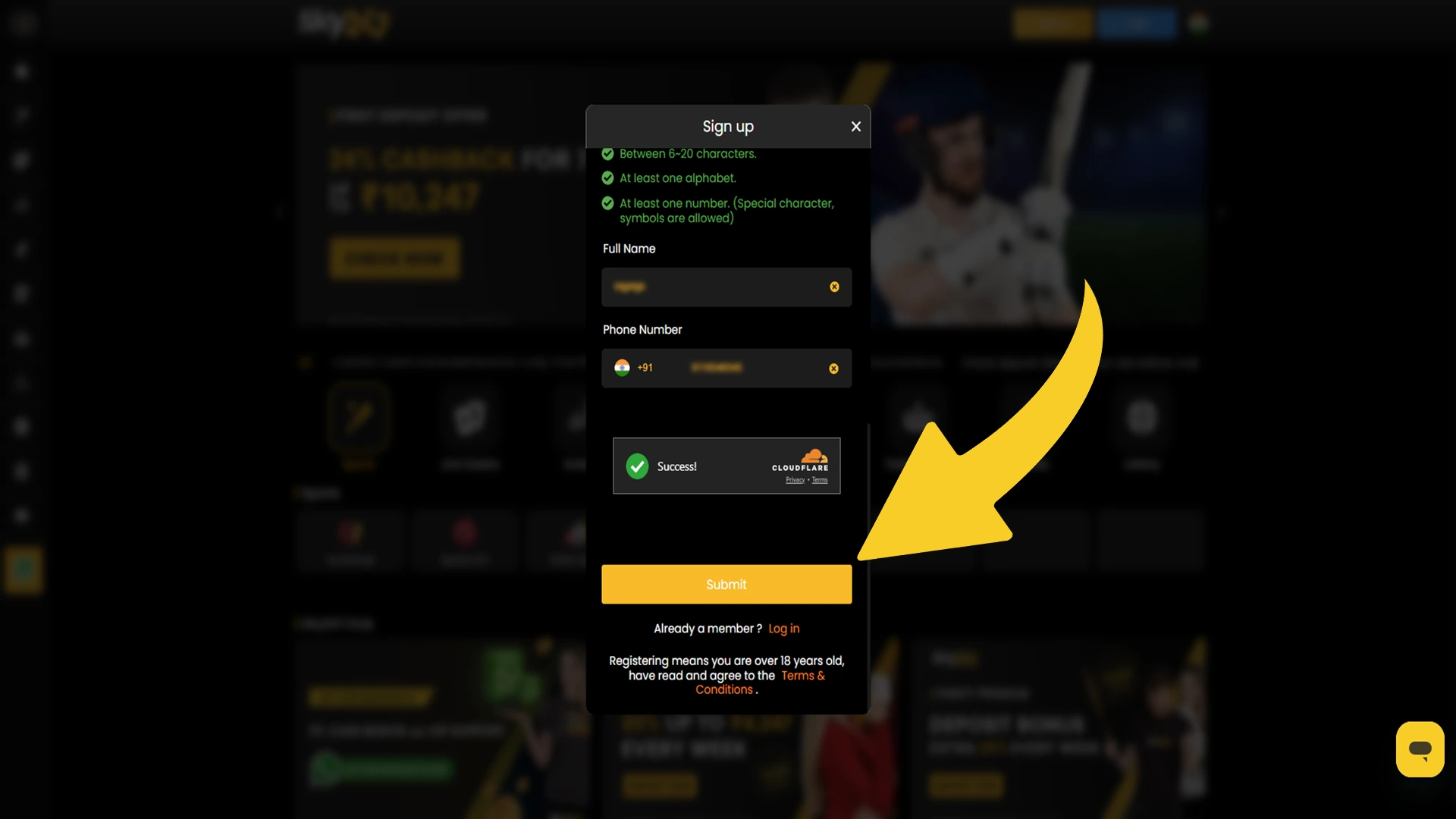 Complete your account registration and proceed to betting on Sky247.