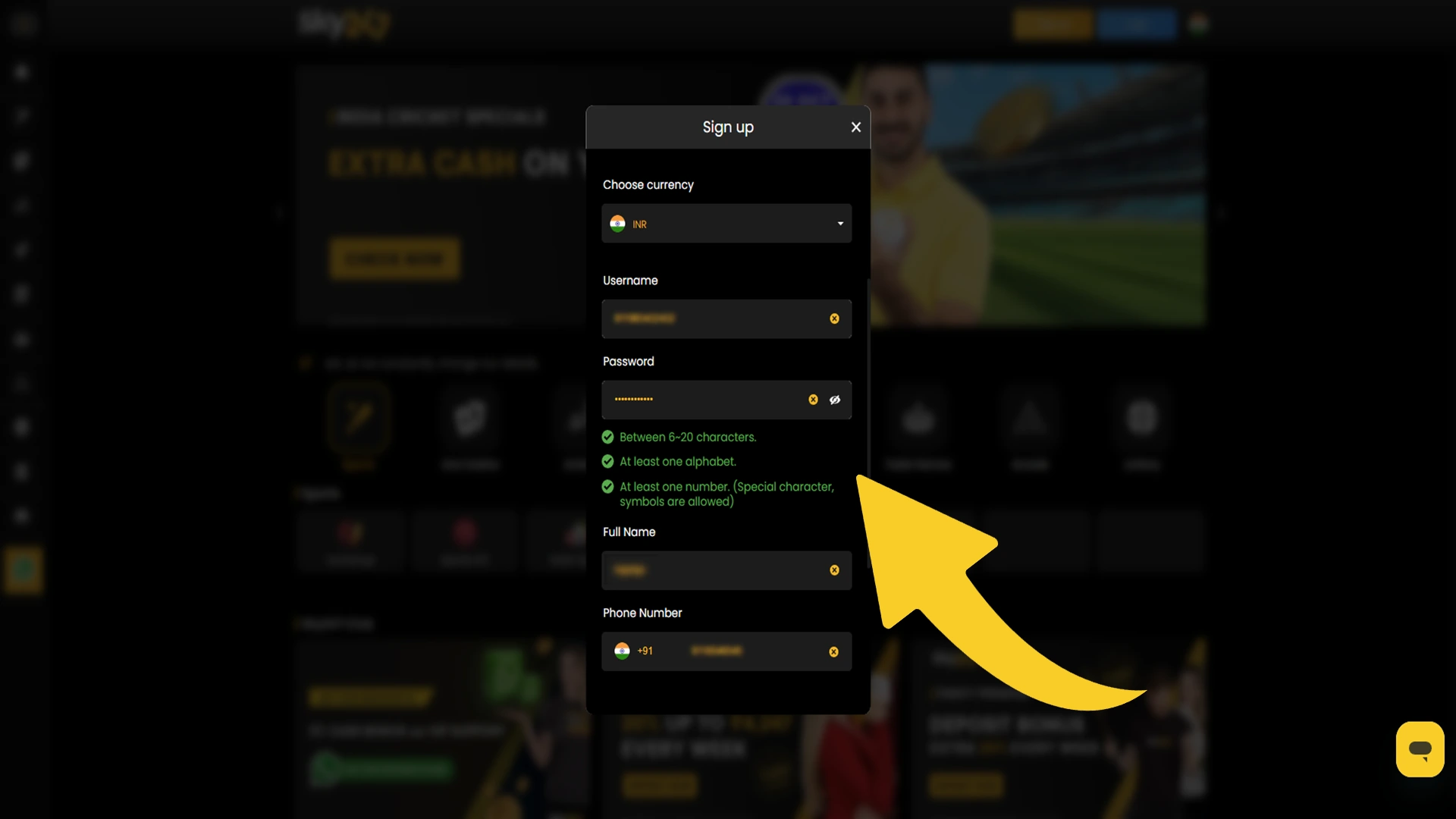 Fill in the required information to register an account with Sky247.