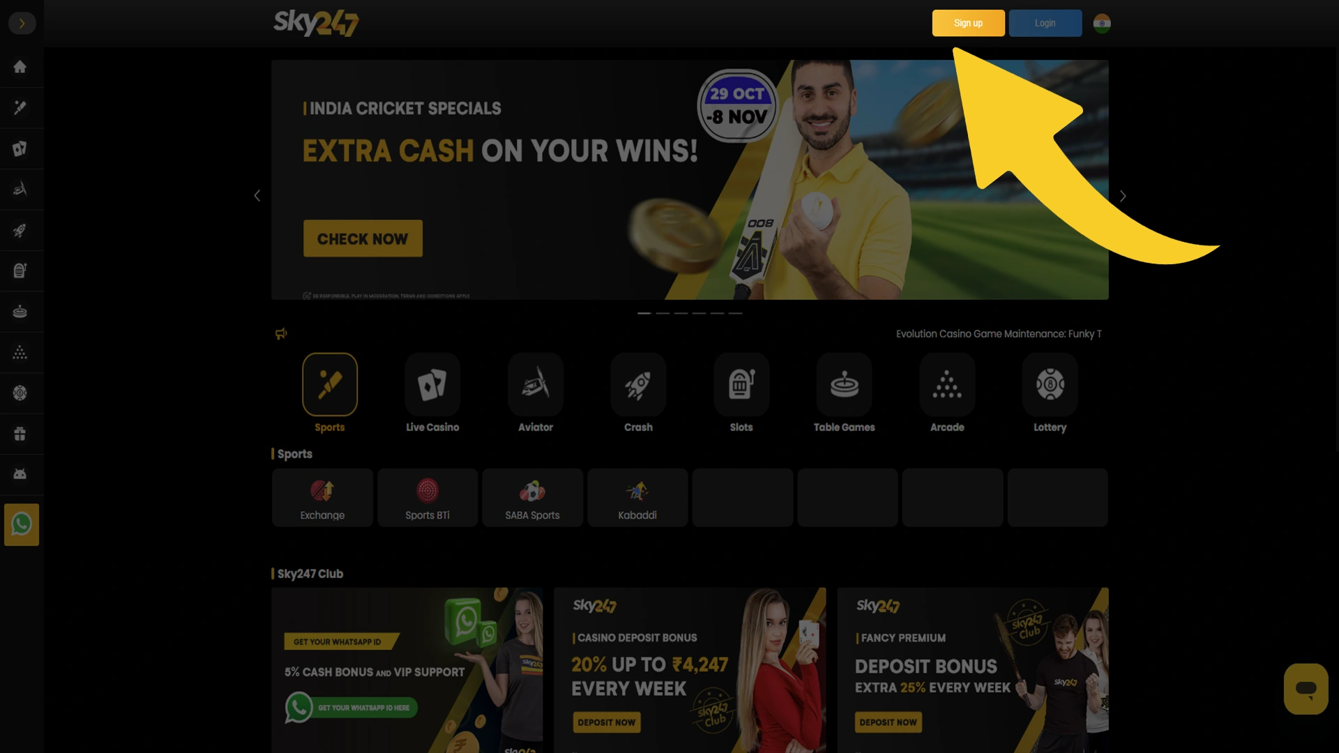 Visit Sky247 and proceed to registration by clicking on the button.