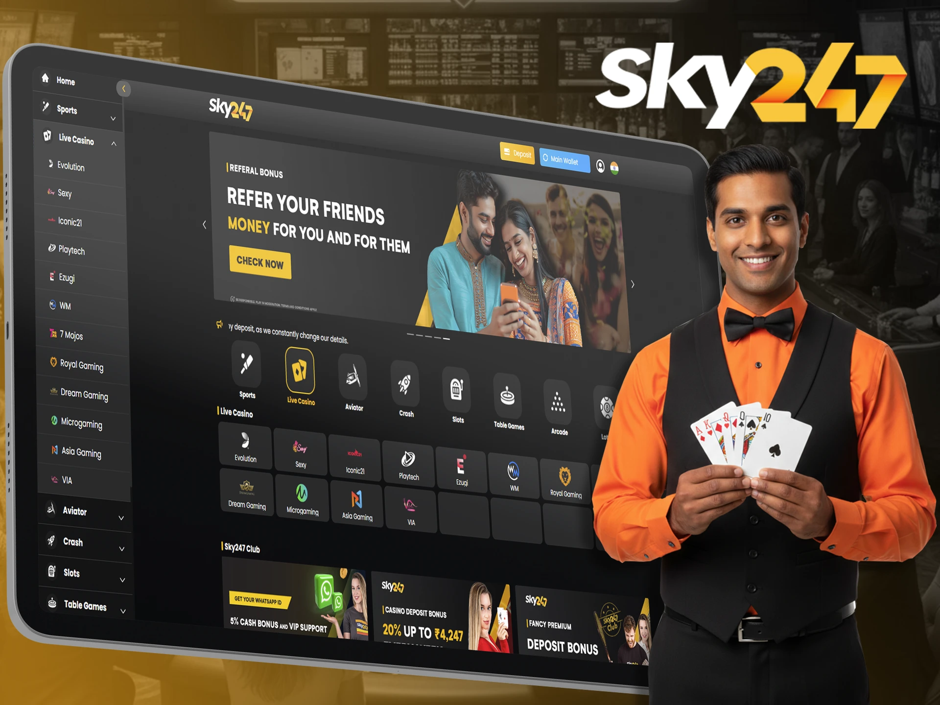 Luck awaits you when you play with live dealers at Sky247 Casino.