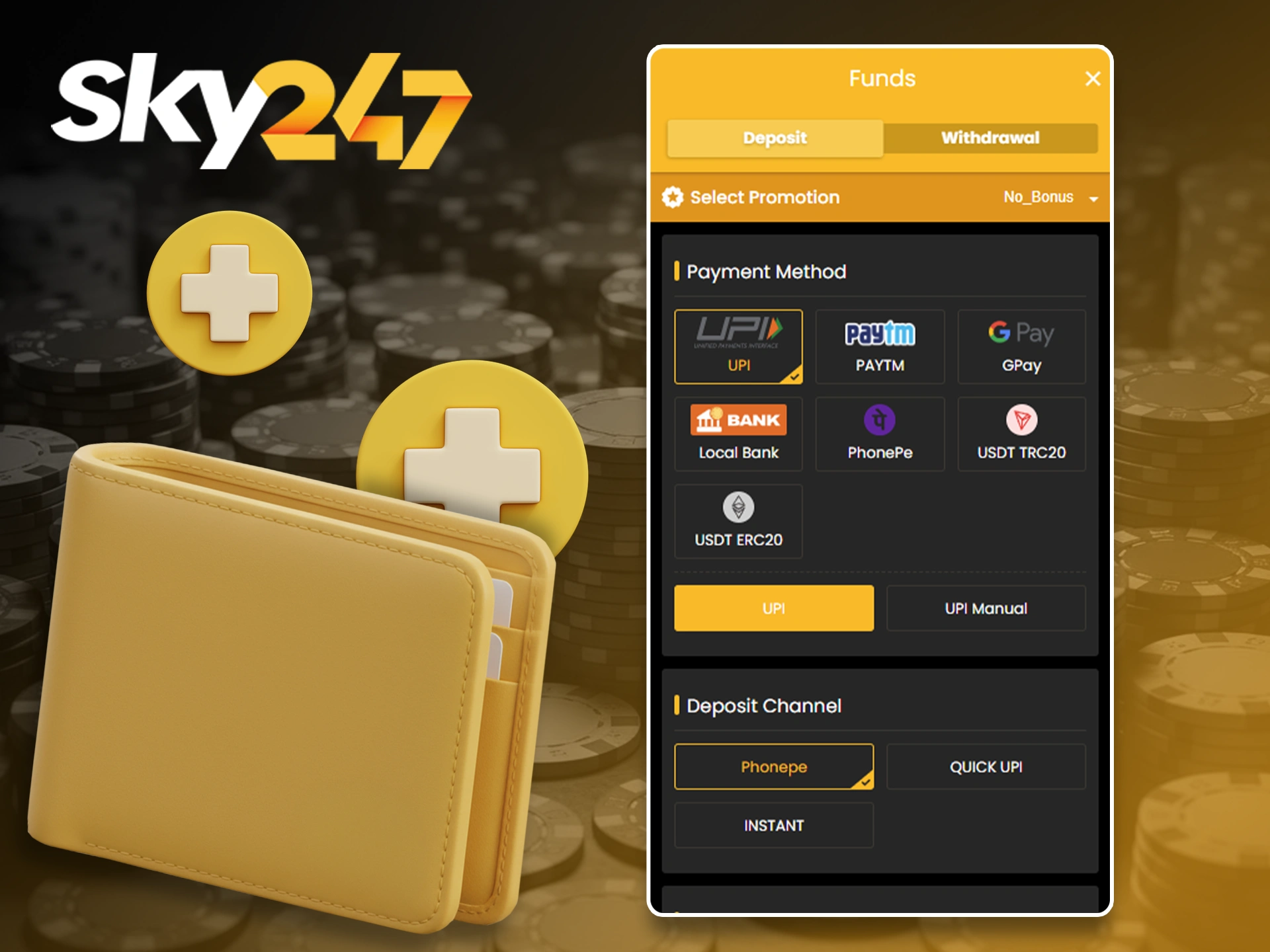 Top up your personal account to start betting at Sky247.