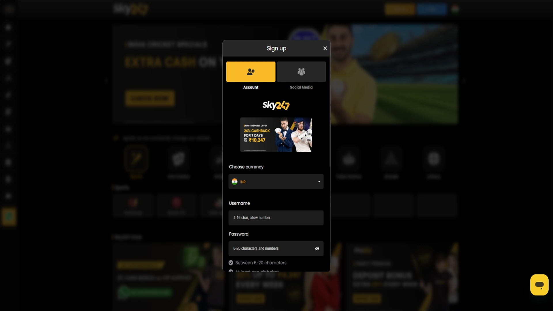 Use the registration forum to create an account on Sky247.