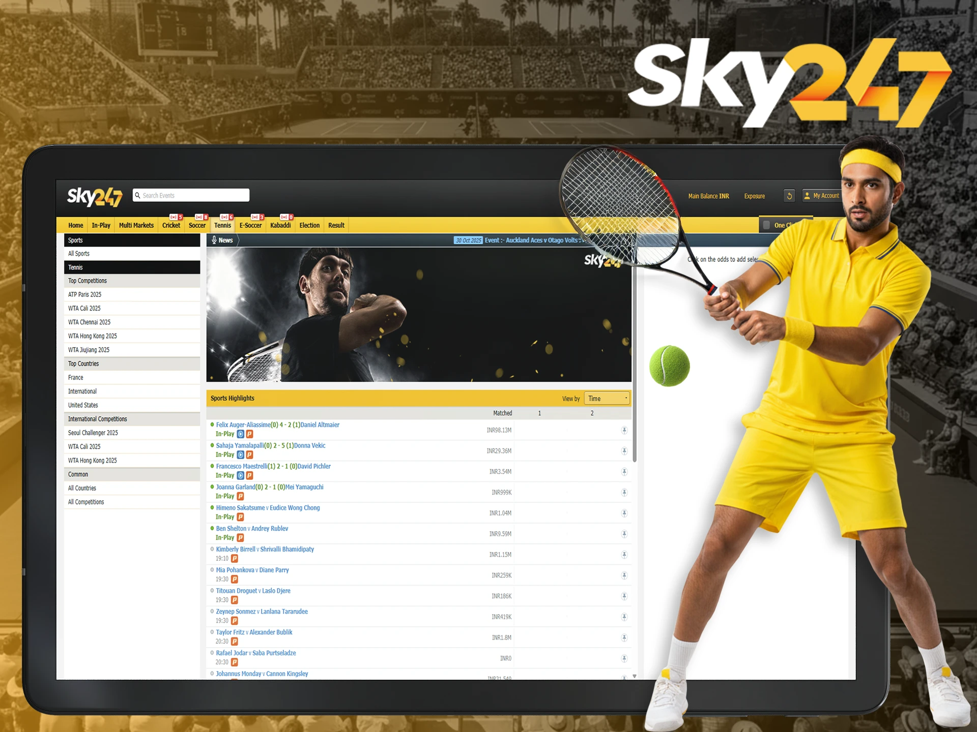 Place a bet on the tennis champion's score or win at Sky247.