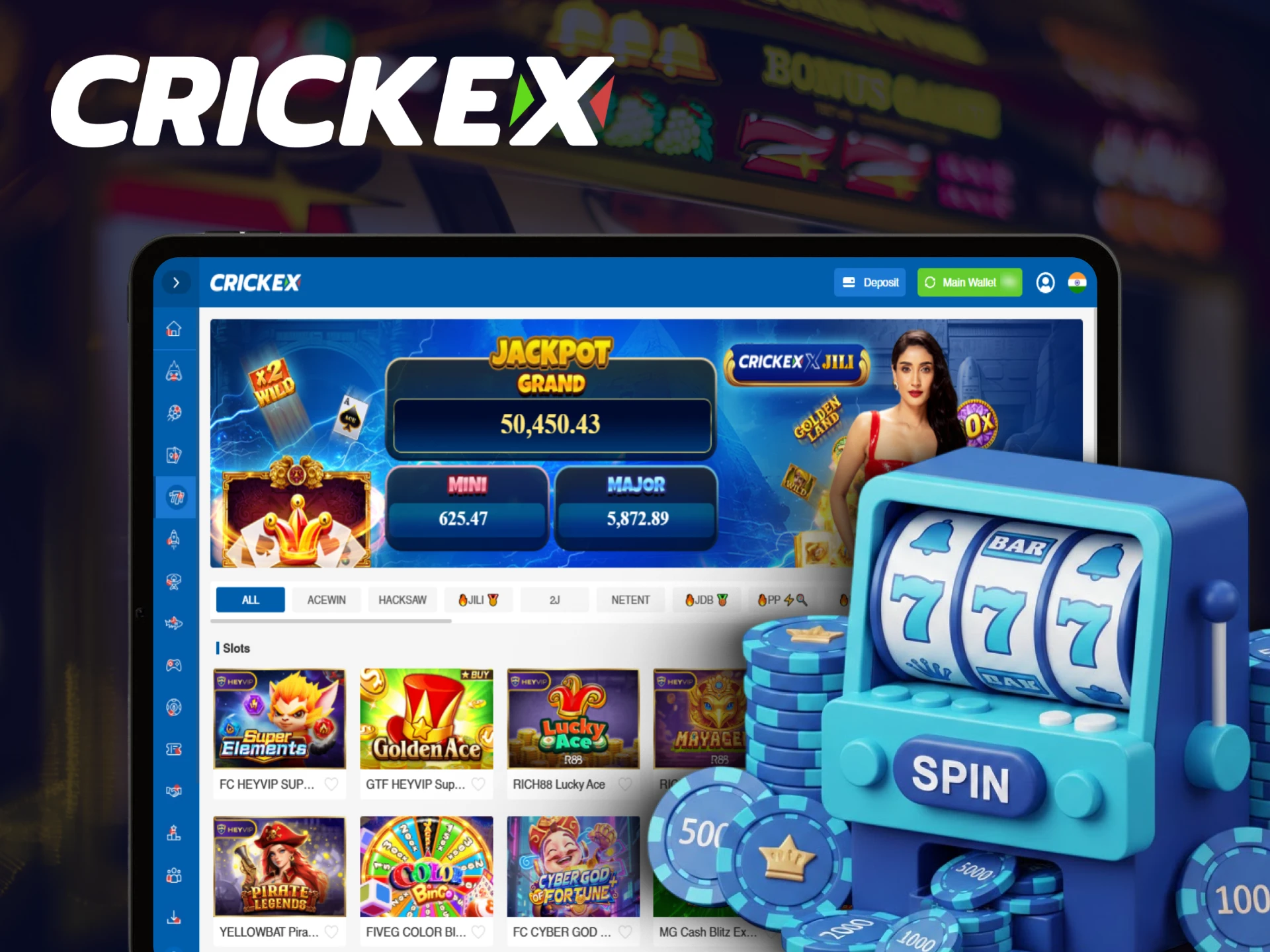 Play the wide casino games library available on Crickex.
