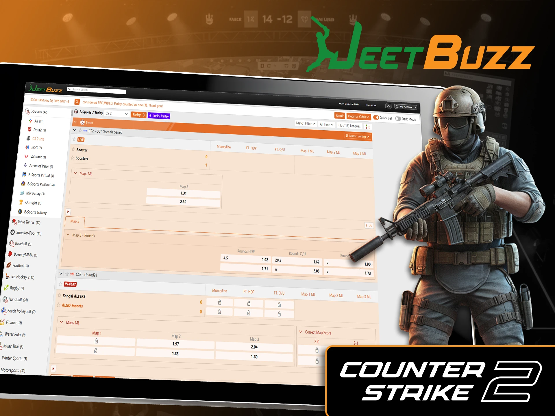 Bet on Counter-Strike 2 favorites in the esports section at JeetBuzz.