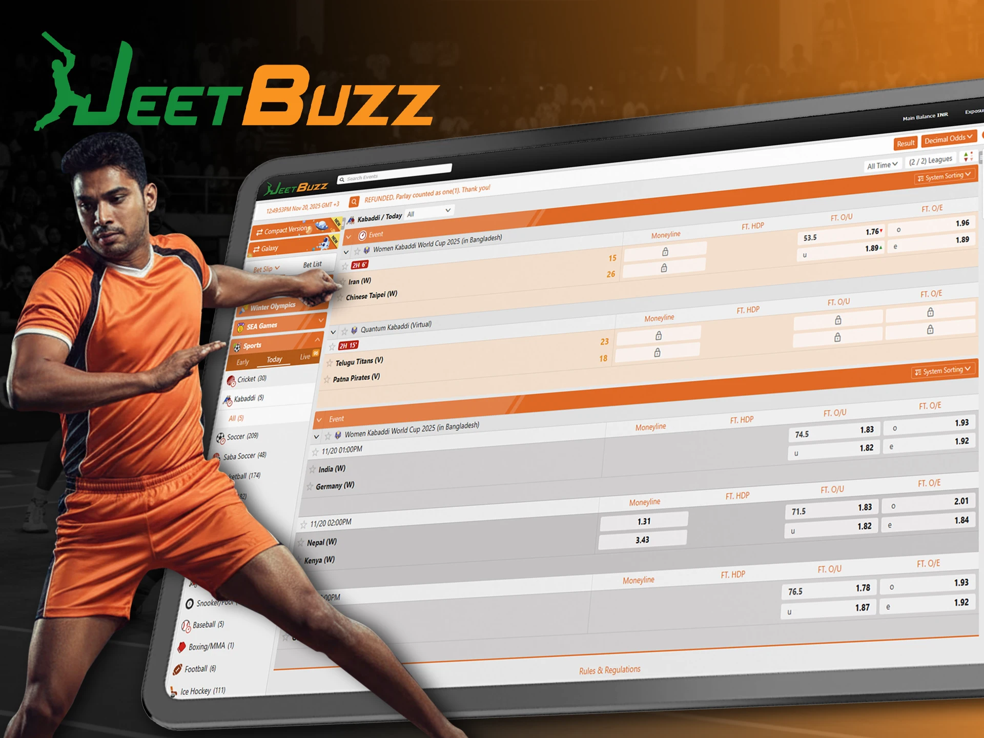 Choose champions in Kabaddi tournaments on JeetBuzz.