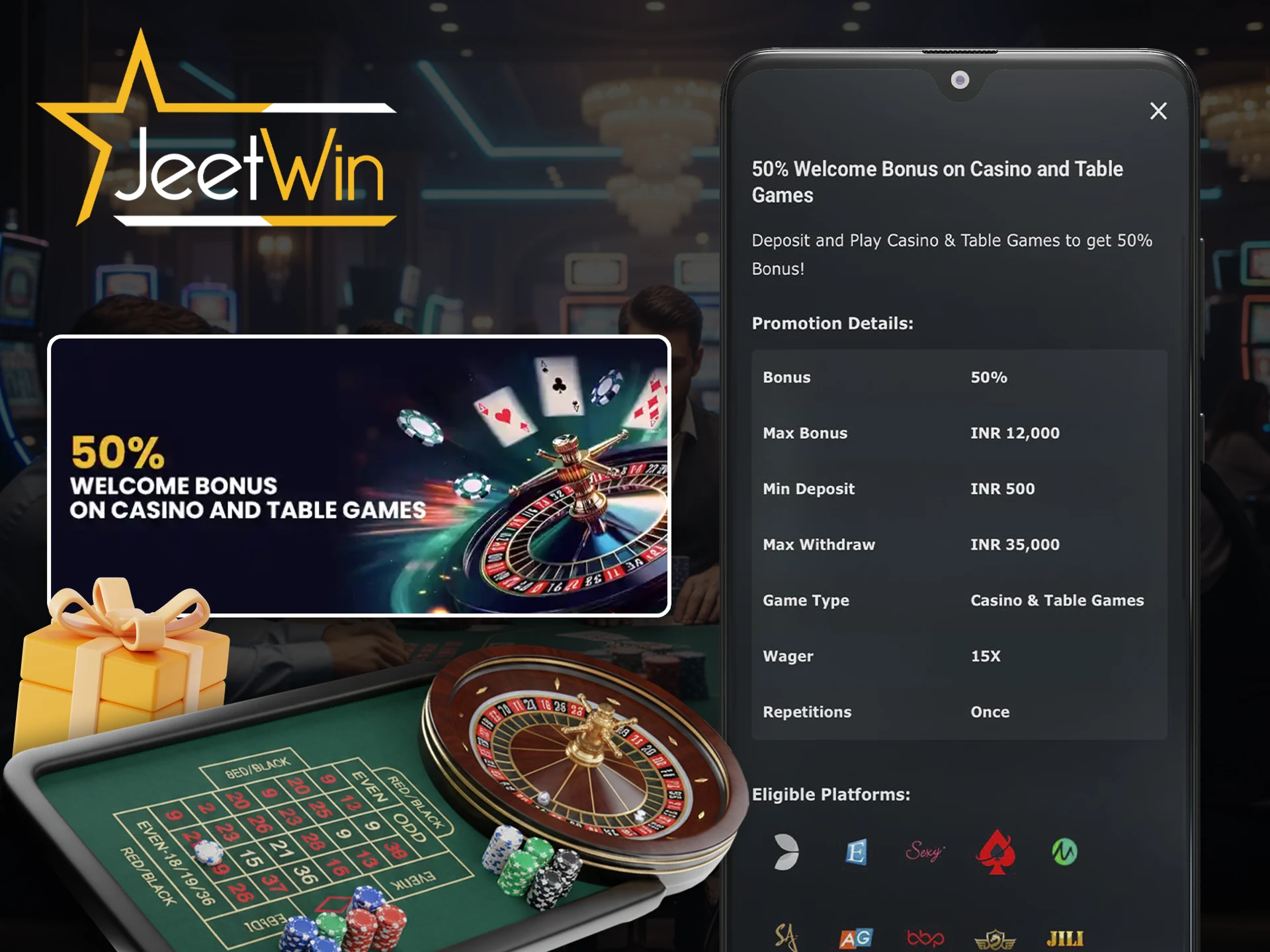Place your casino bets with the Jeetwin bonus and win in the app.