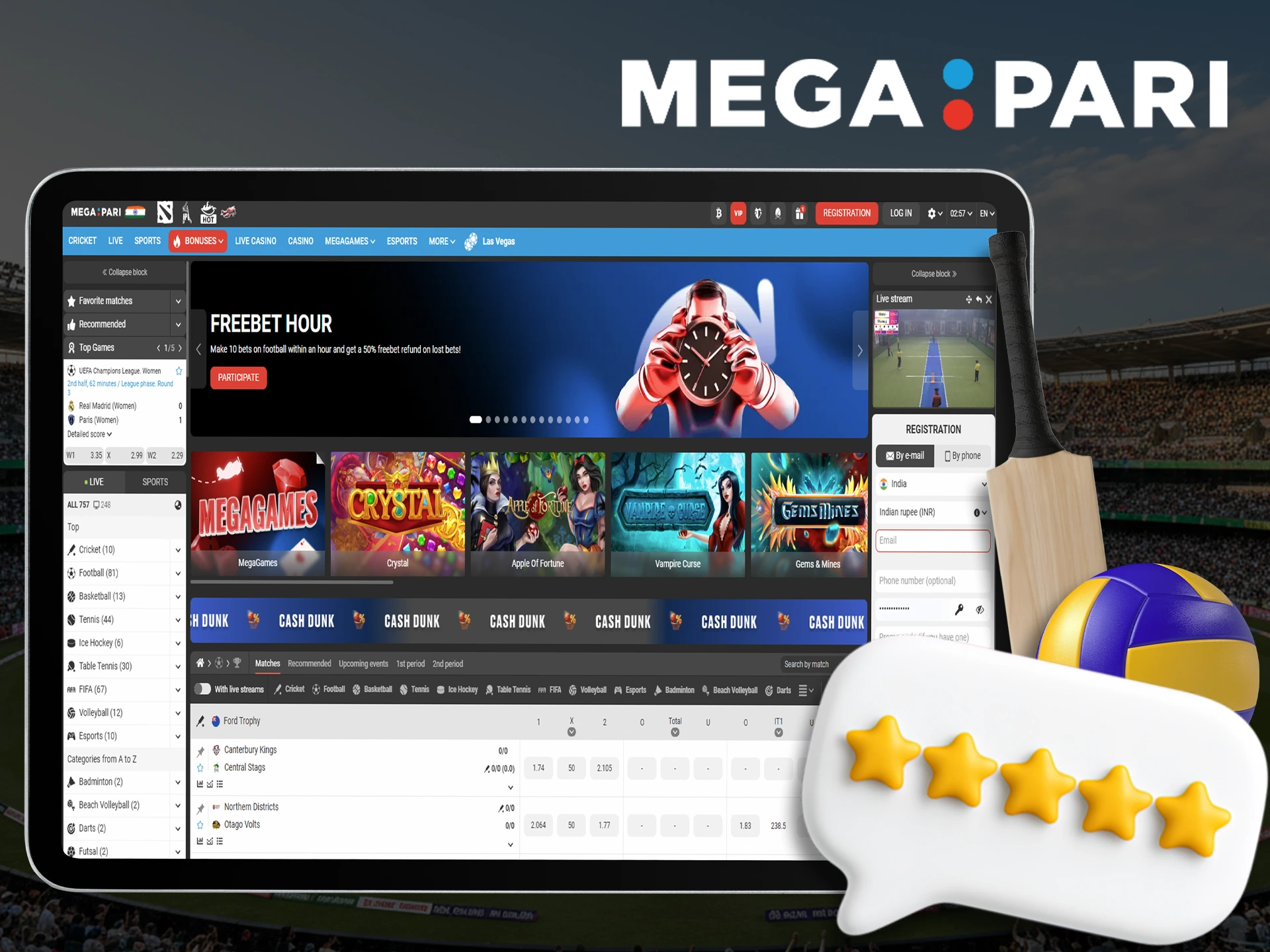 Megapari offers a wide variety of sports and casino games.